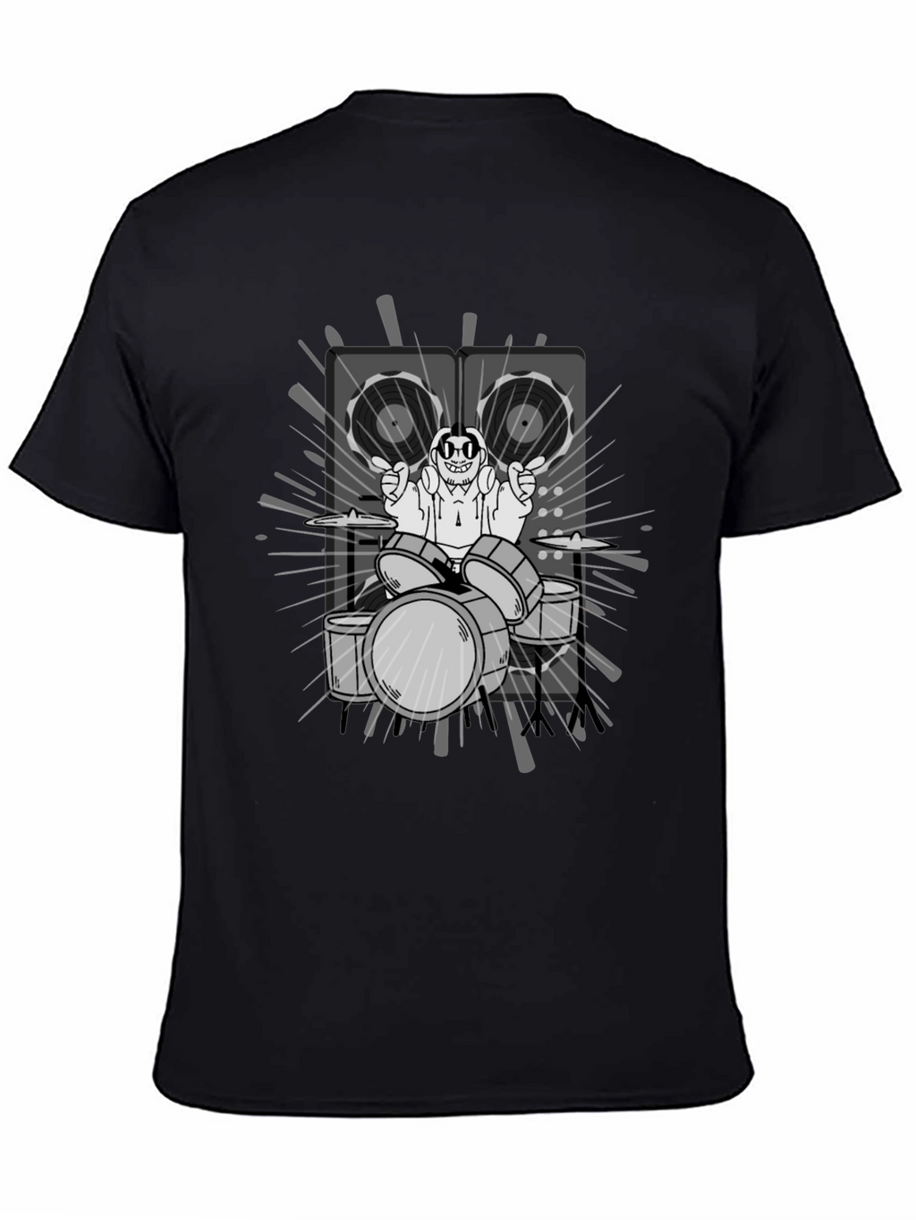 Drummer Cartoon Graphic Print Black T-Shirt