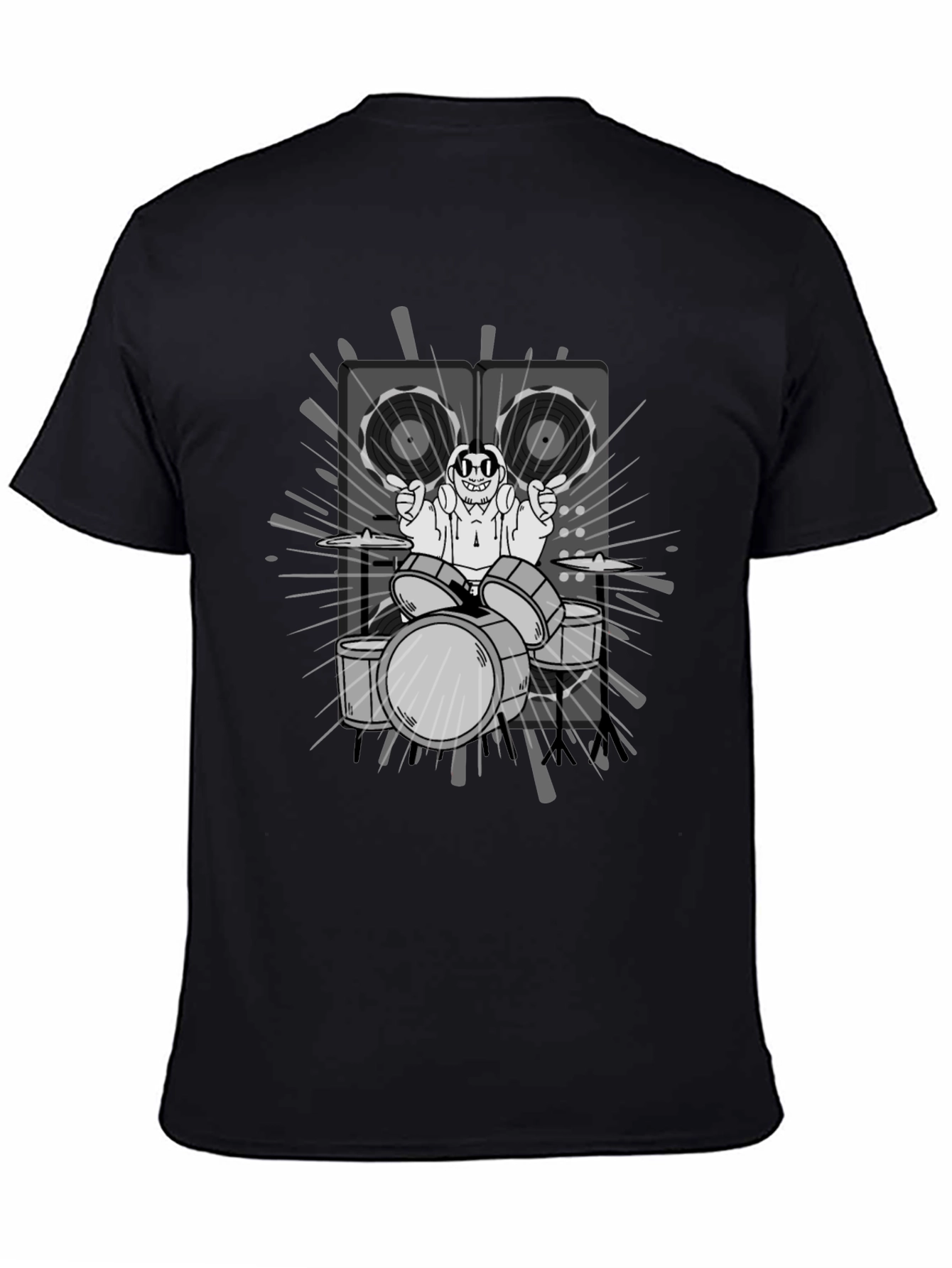 Drummer Cartoon Graphic Print Black T-Shirt