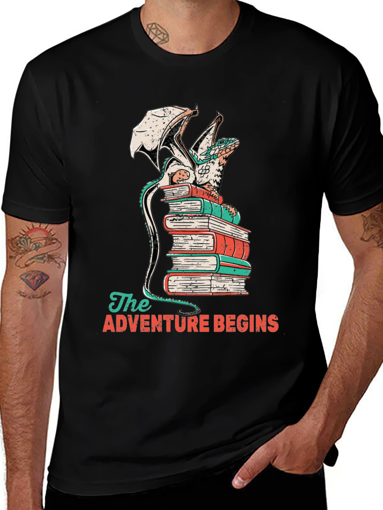 Dragon on Books T-Shirt - Adventure Begins Tee