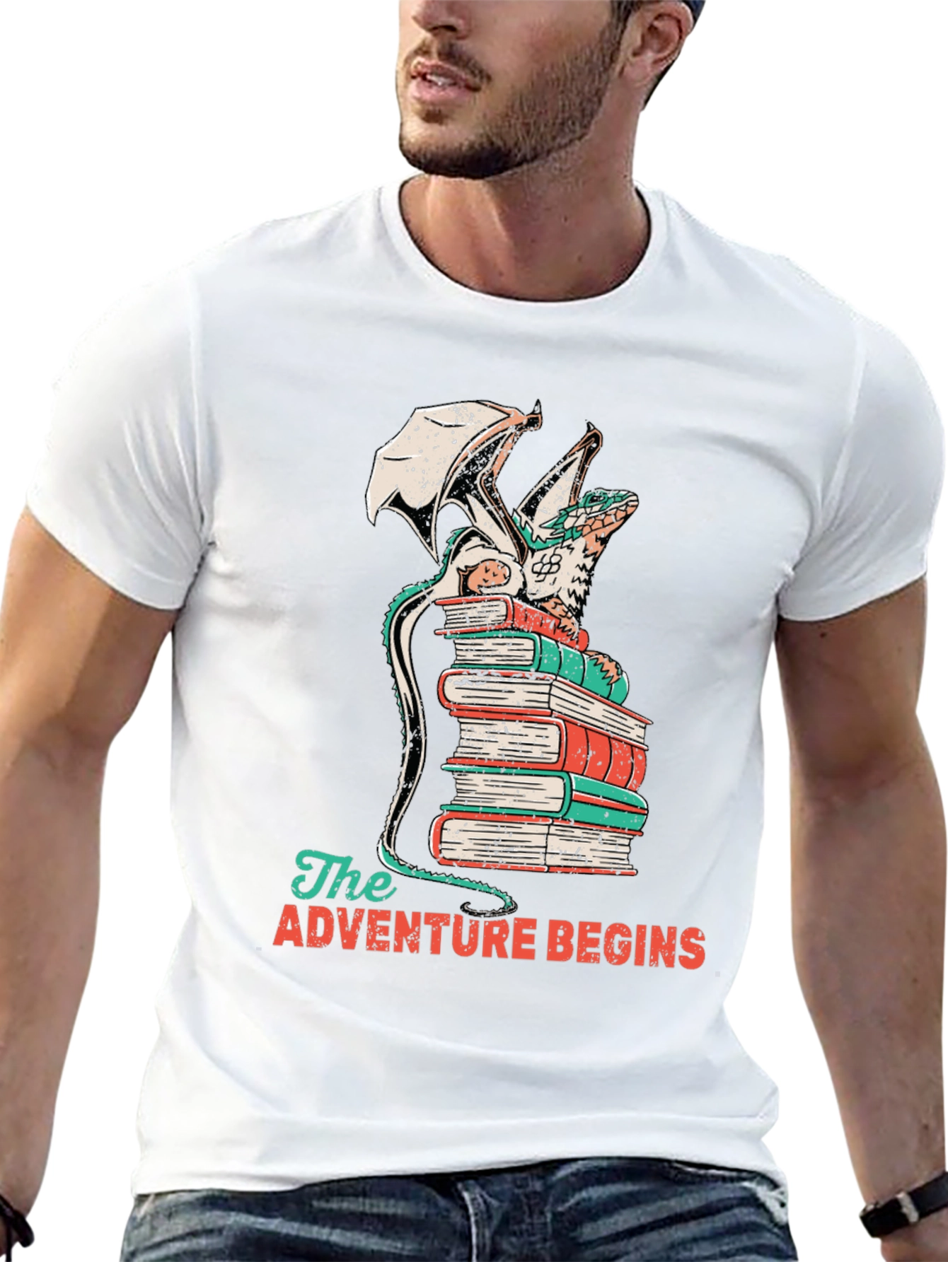 Dragon on Books T-Shirt - Adventure Begins Tee