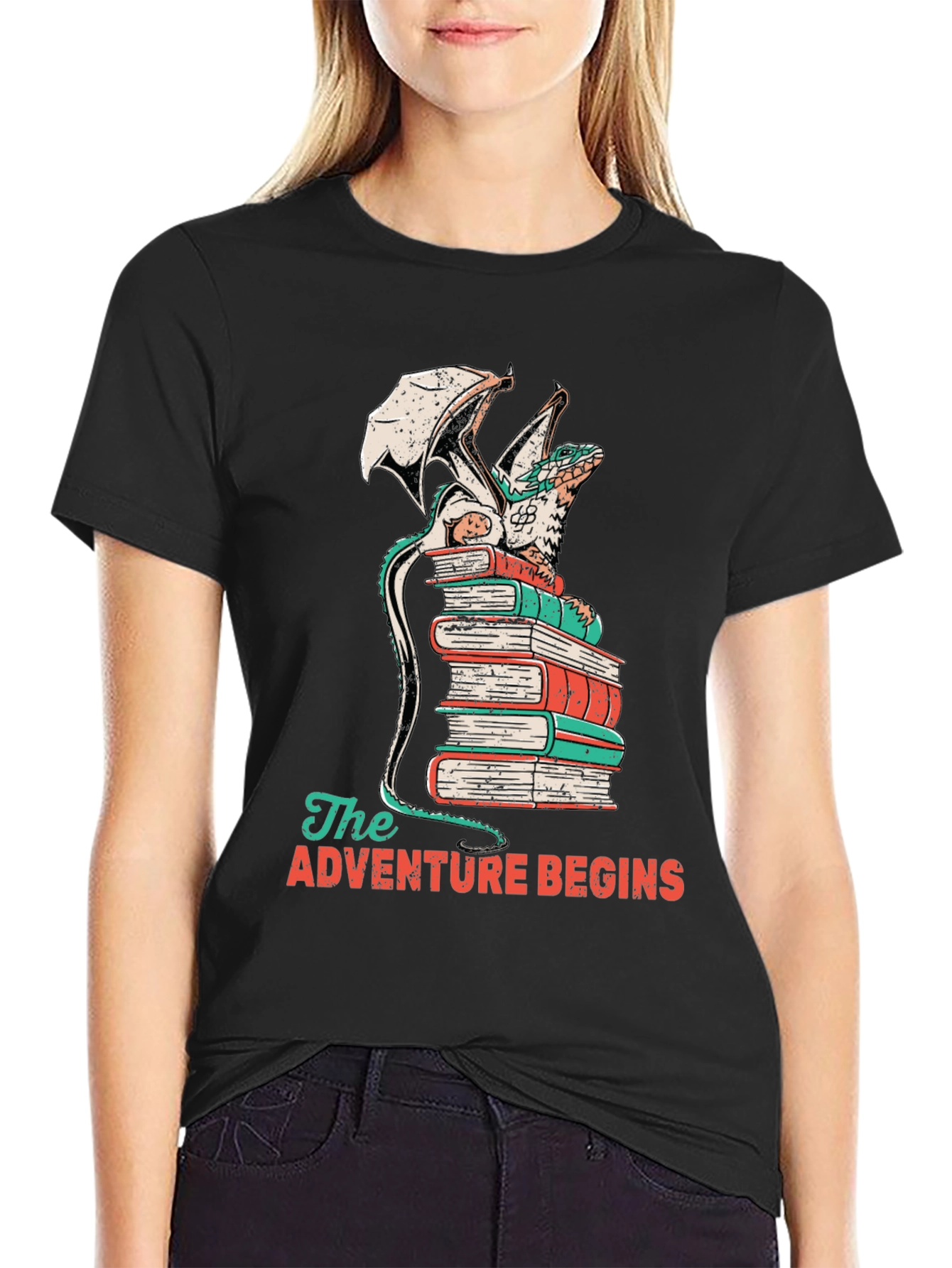 Dragon on Books T-Shirt - Adventure Begins Tee