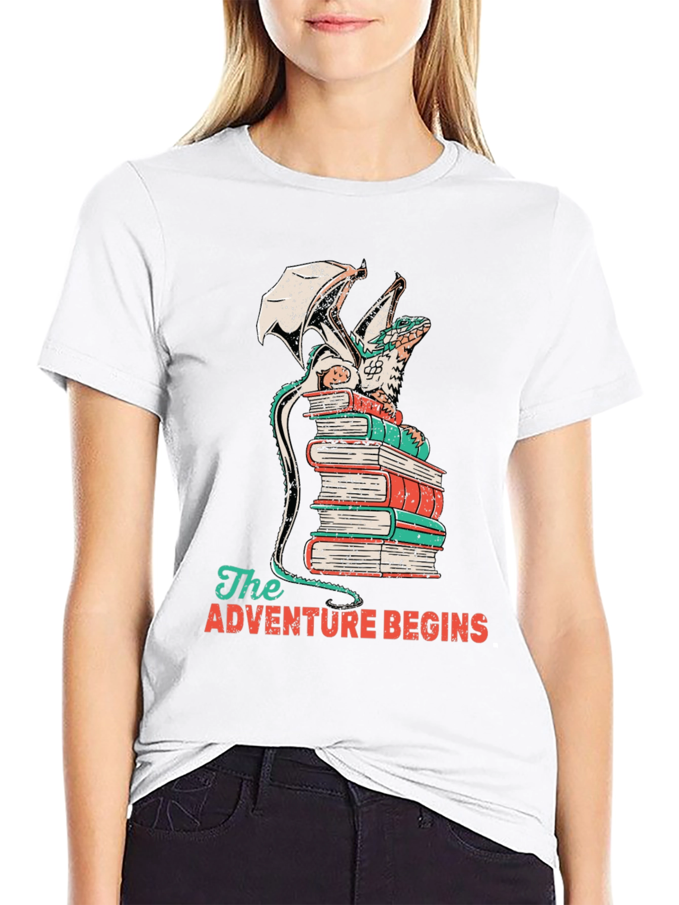 Dragon on Books T-Shirt - Adventure Begins Tee