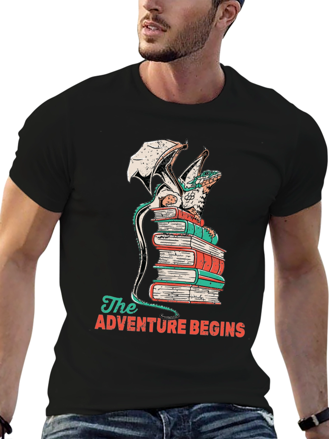 Dragon on Books T-Shirt - Adventure Begins Tee
