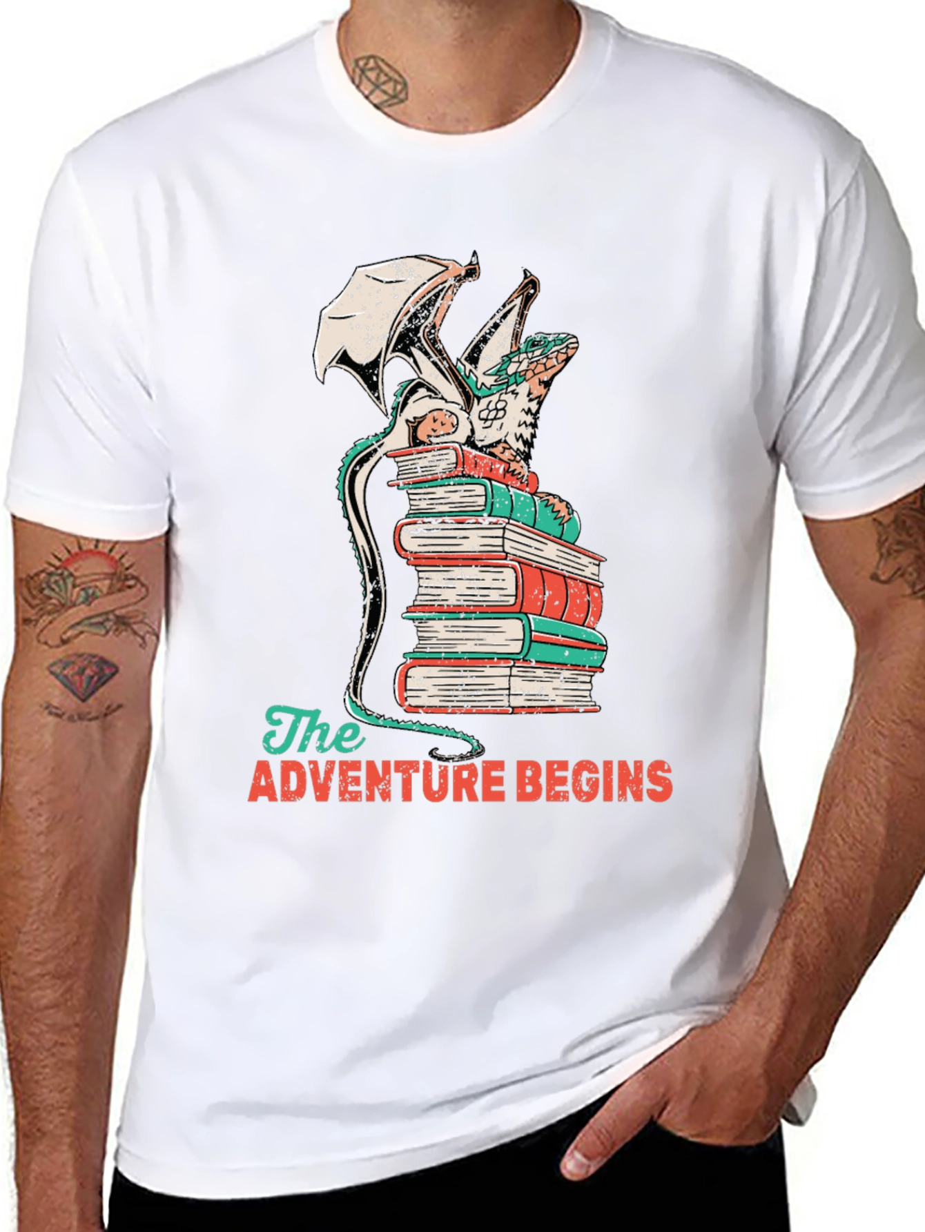 Dragon on Books T-Shirt - Adventure Begins Tee