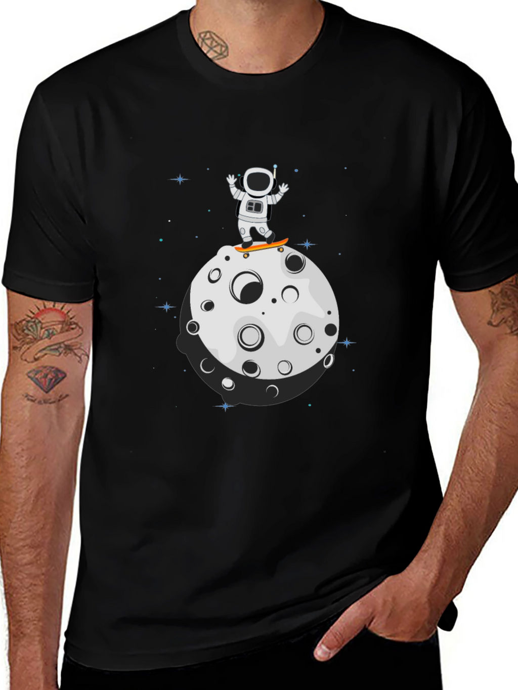 Astronaut Skateboard Moon Black T-Shirt