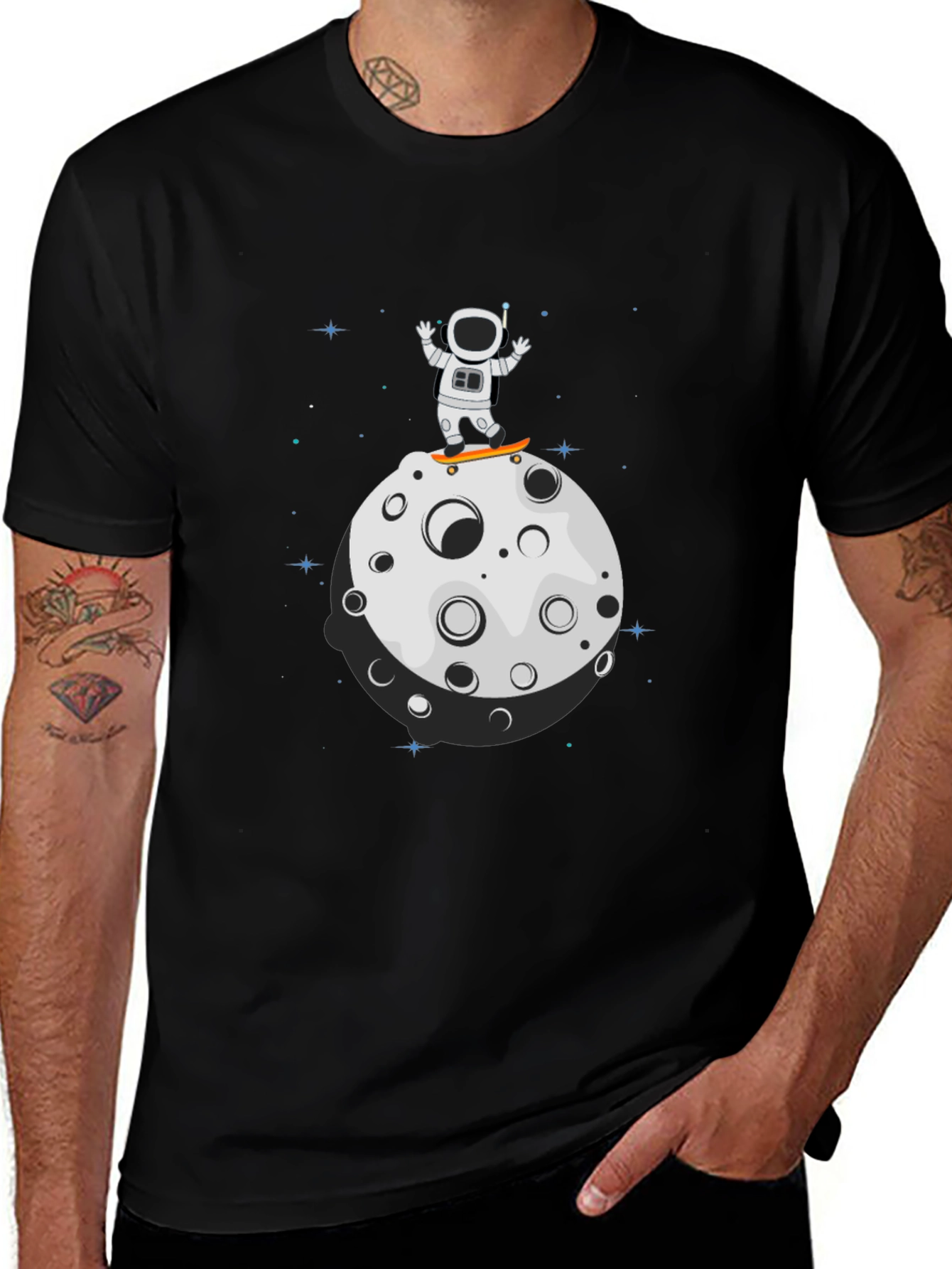 Astronaut Skateboard Moon Black T-Shirt