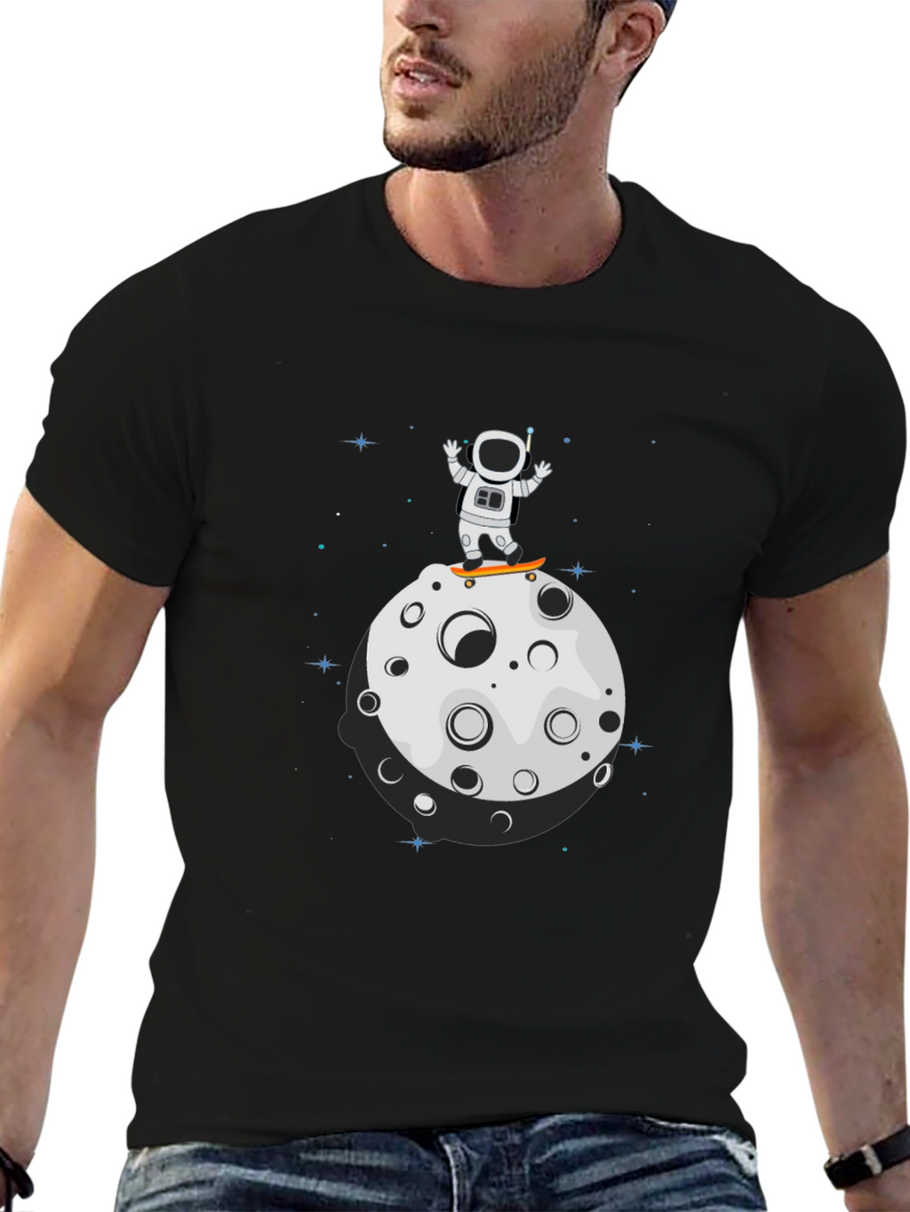 Astronaut Skateboard Moon Black T-Shirt