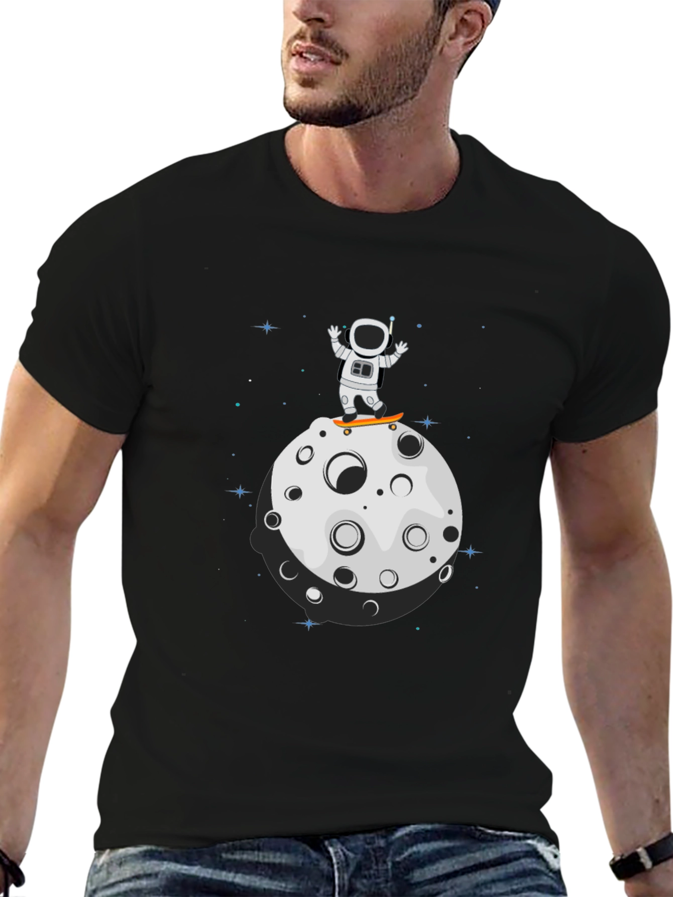 Astronaut Skateboard Moon Black T-Shirt