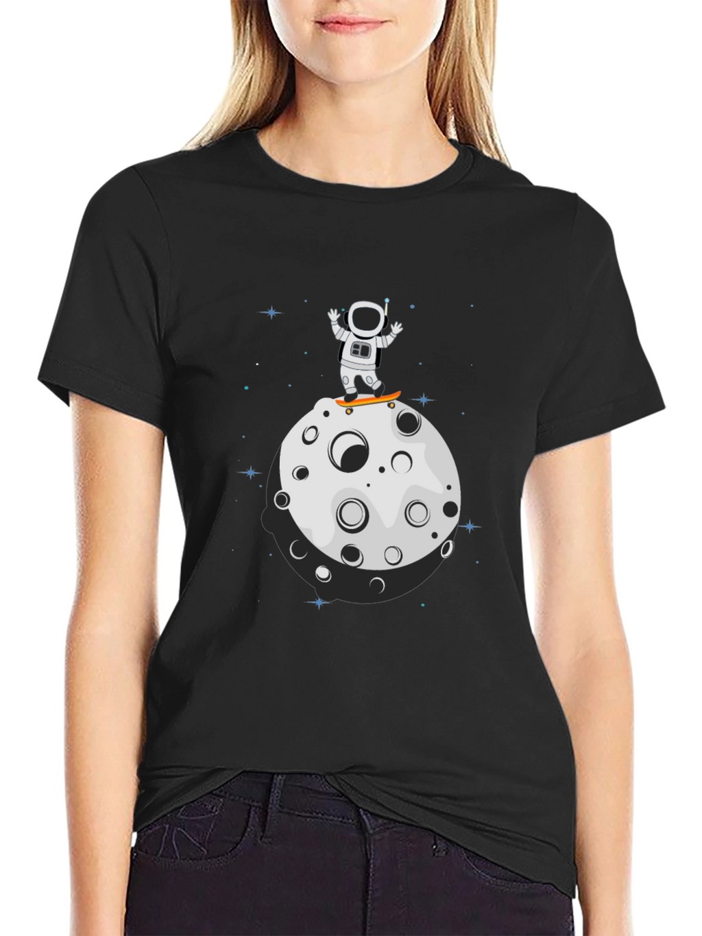 Astronaut Skateboard Moon Black T-Shirt