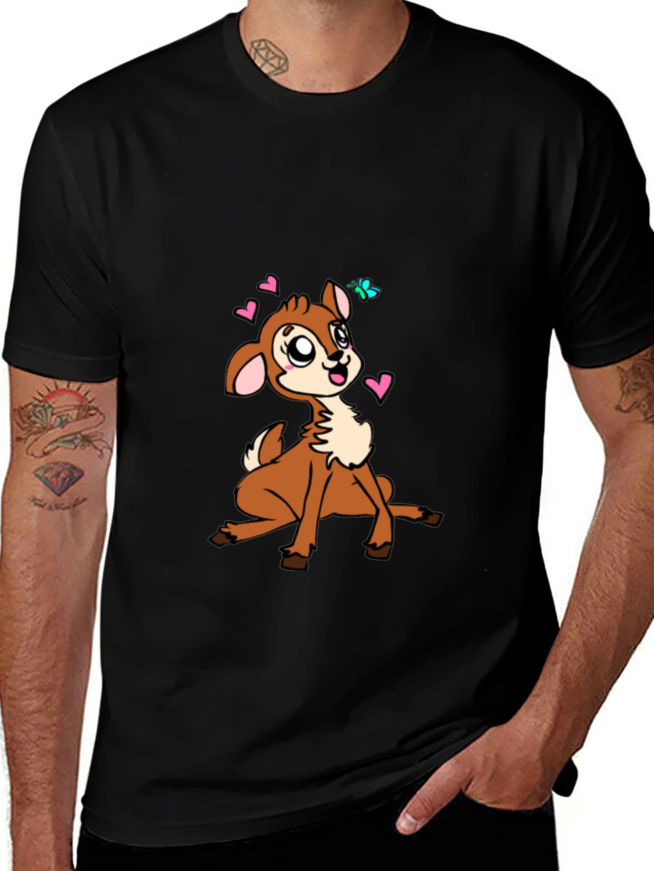Cute Deer Graphic Tee - Black Cotton Blend Casual Shirt