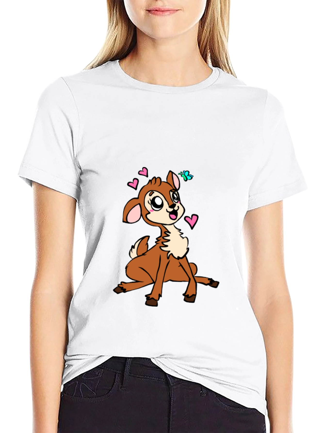 Cute Deer Graphic Tee - Black Cotton Blend Casual Shirt
