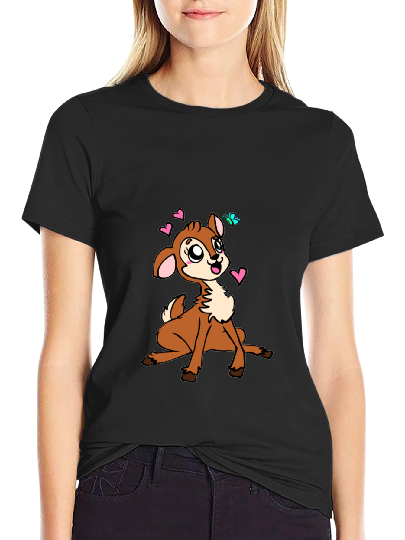 Cute Deer Graphic Tee - Black Cotton Blend Casual Shirt