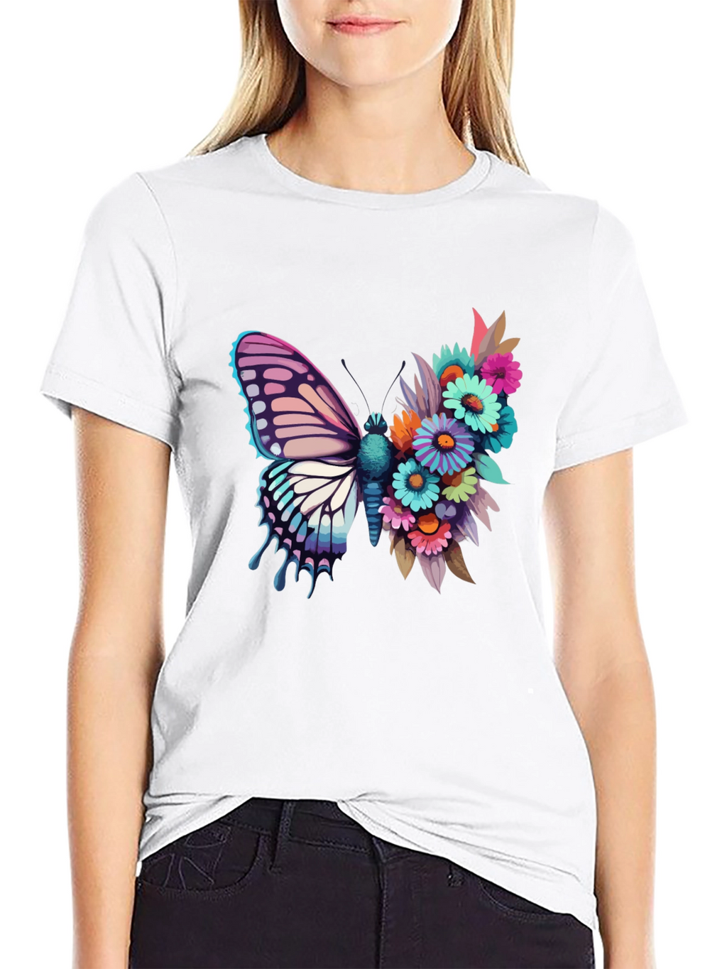 Butterfly Floral Graphic Tee - Black