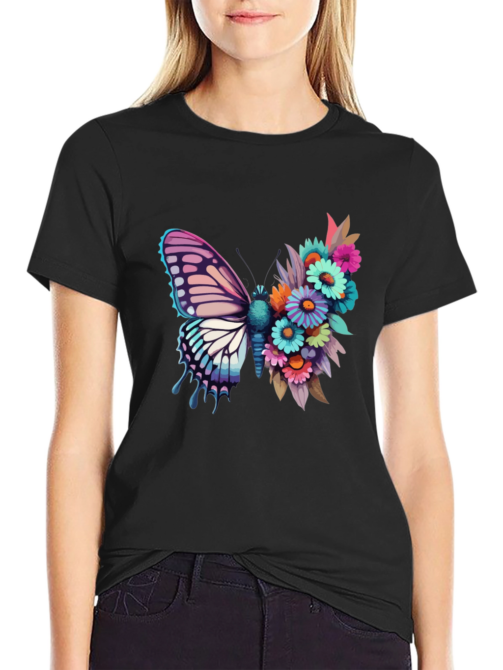 Butterfly Floral Graphic Tee - Black