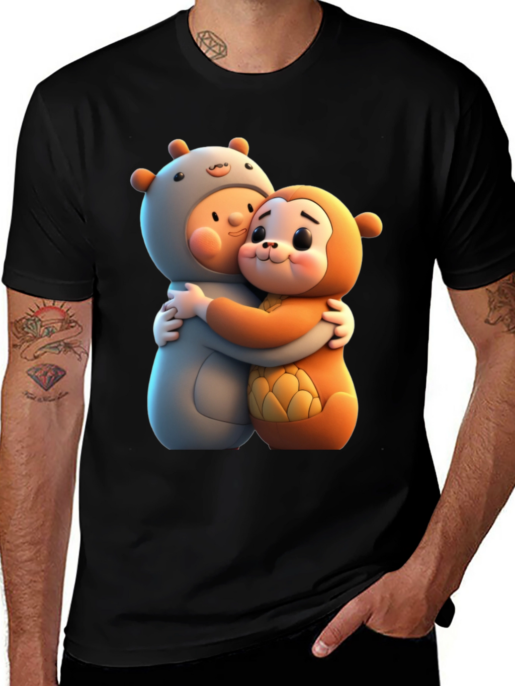 Cute Cartoon Character Hug Graphic Tee