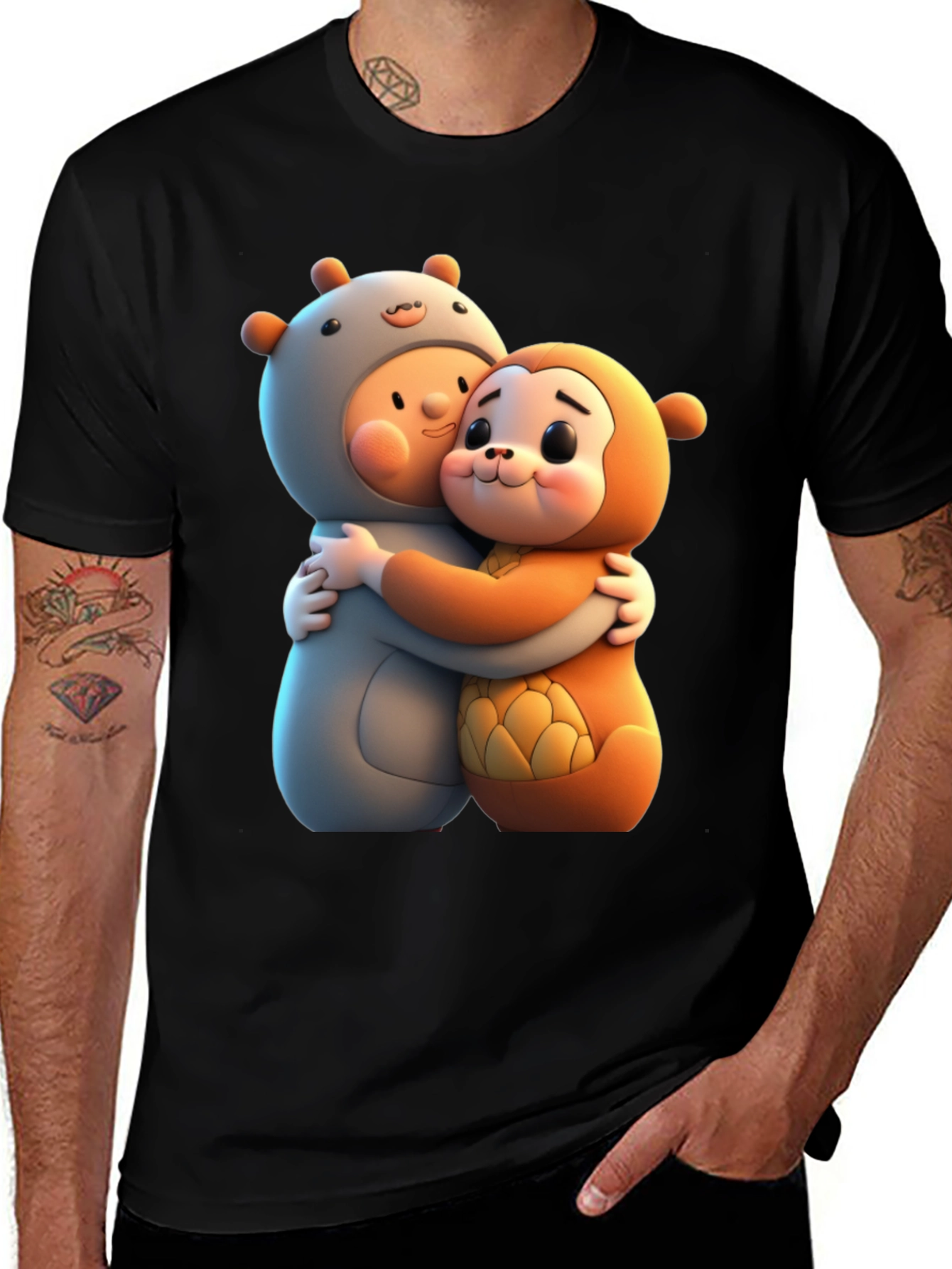 Cute Cartoon Character Hug Graphic Tee