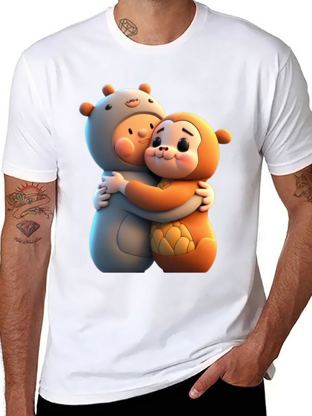 Cute Cartoon Character Hug Graphic Tee