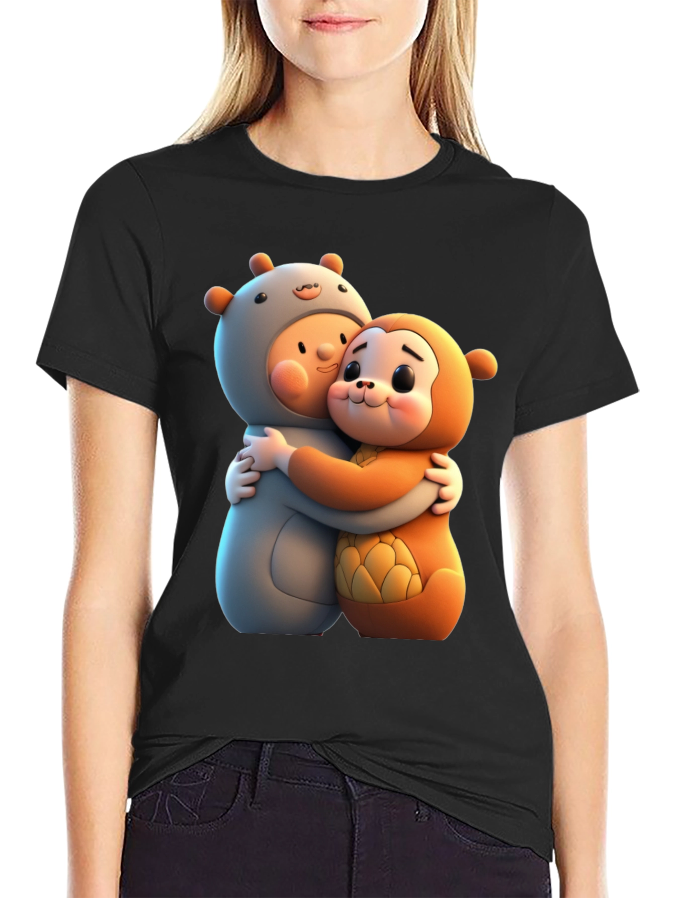 Cute Cartoon Character Hug Graphic Tee
