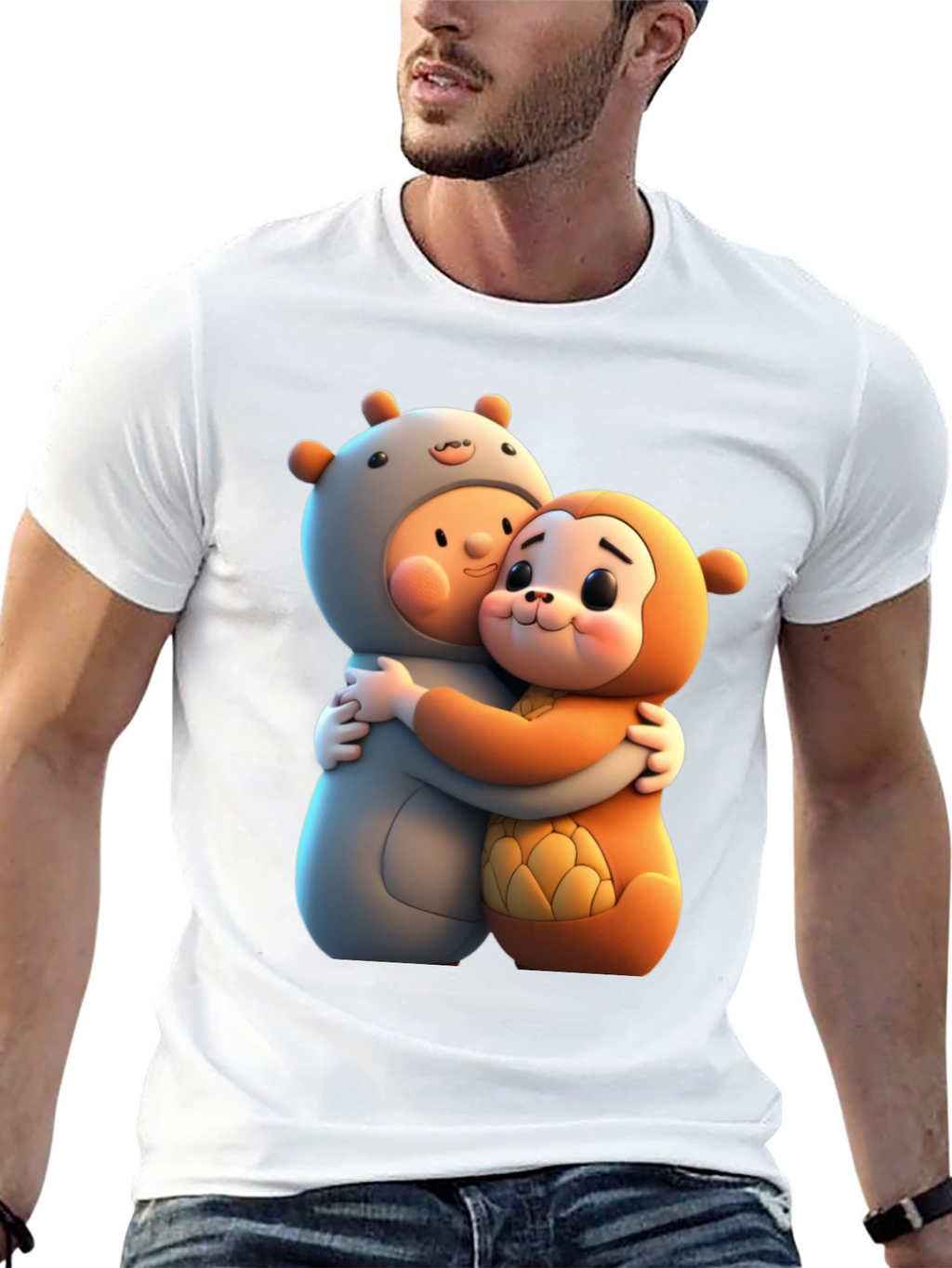 Cute Cartoon Character Hug Graphic Tee