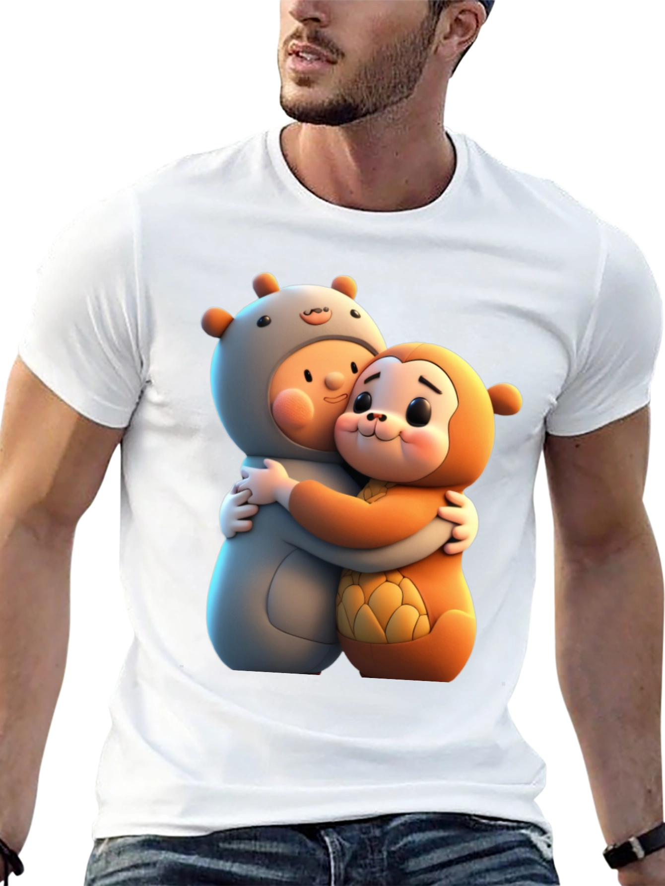 Cute Cartoon Character Hug Graphic Tee