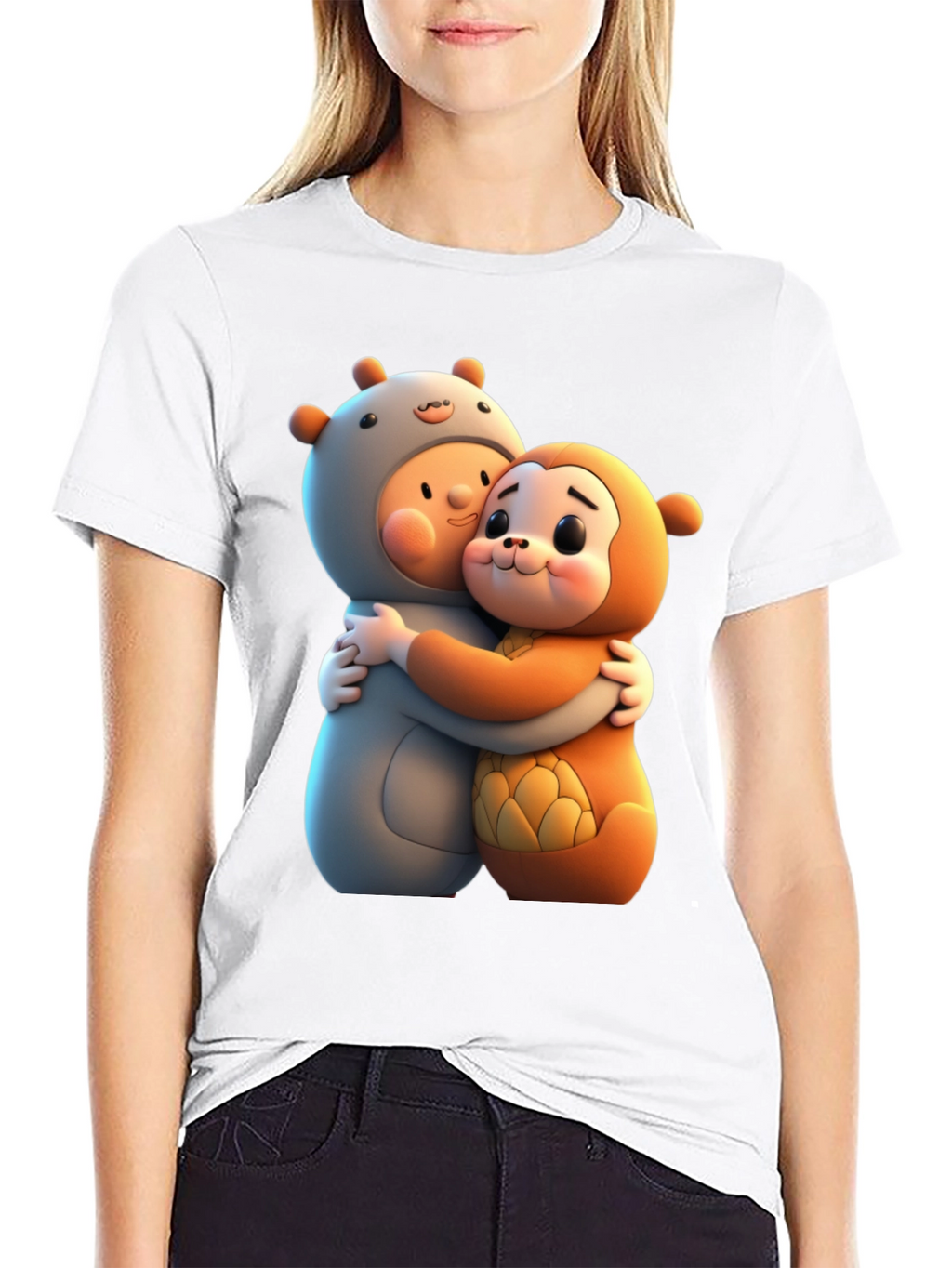 Cute Cartoon Character Hug Graphic Tee