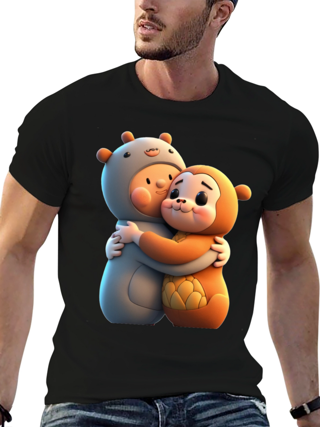 Cute Cartoon Character Hug Graphic Tee