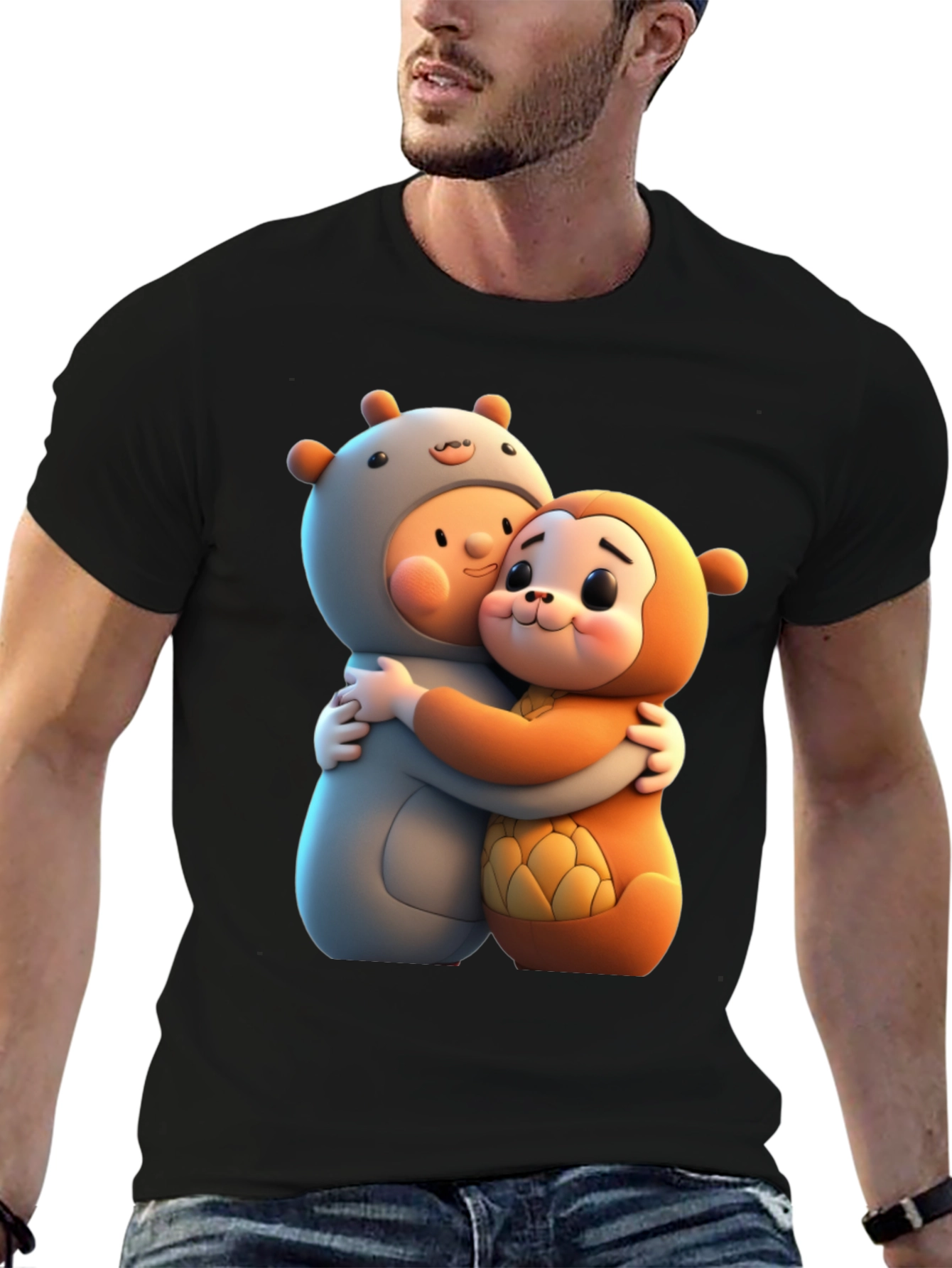 Cute Cartoon Character Hug Graphic Tee