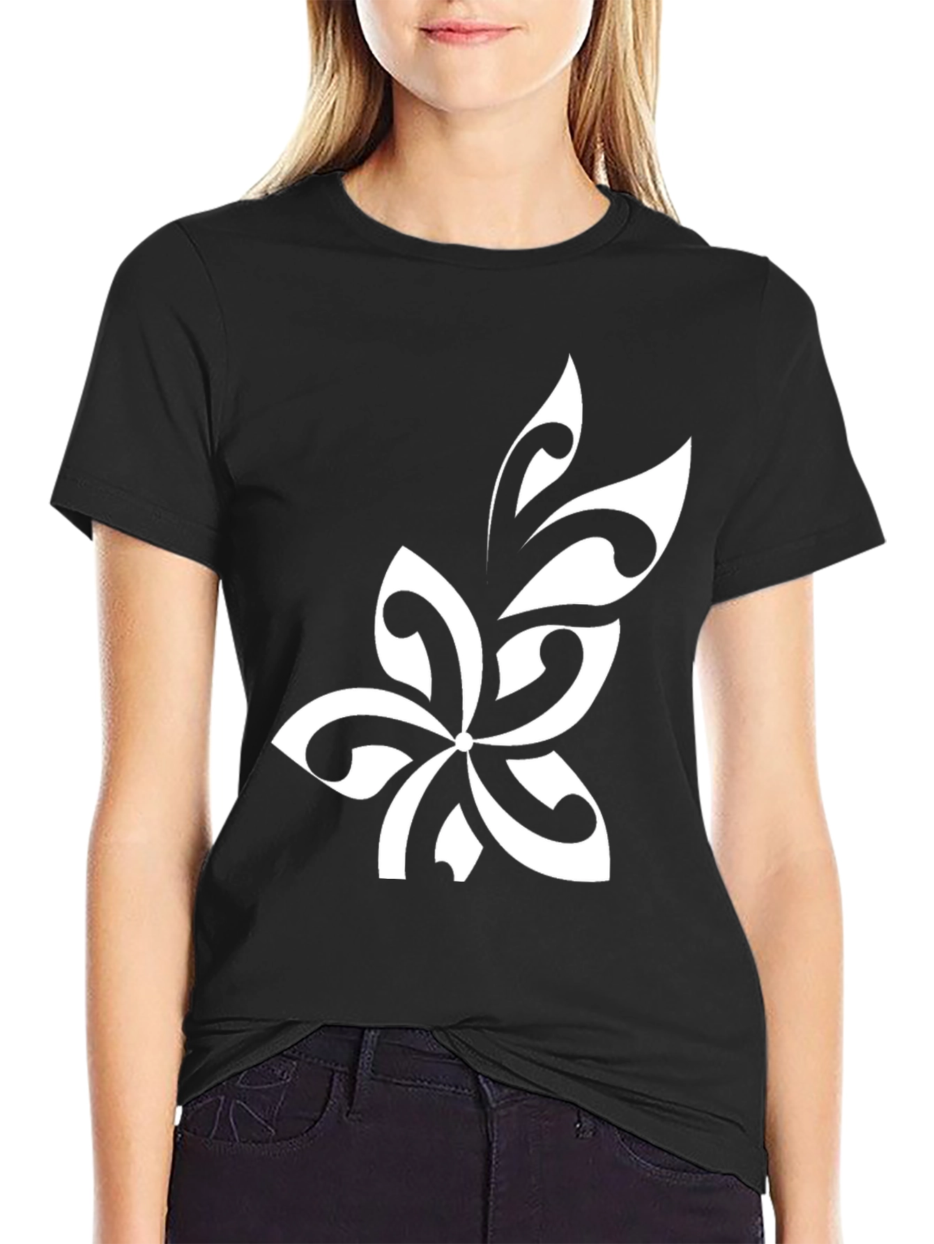 Tribal Flower Graphic Tee - Black Cotton Blend