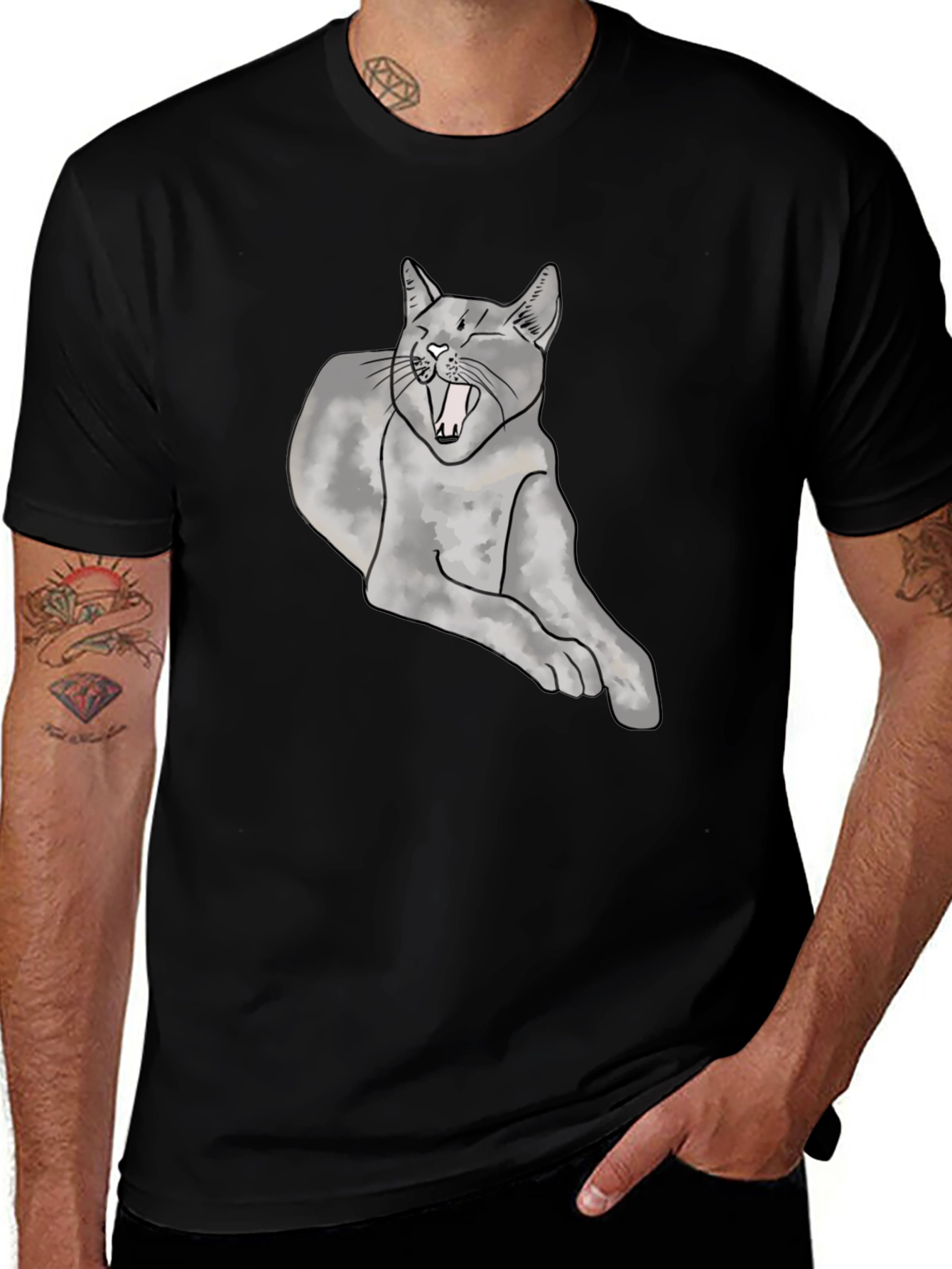 Yawning Cat Graphic Tee - Unisex Black T-Shirt