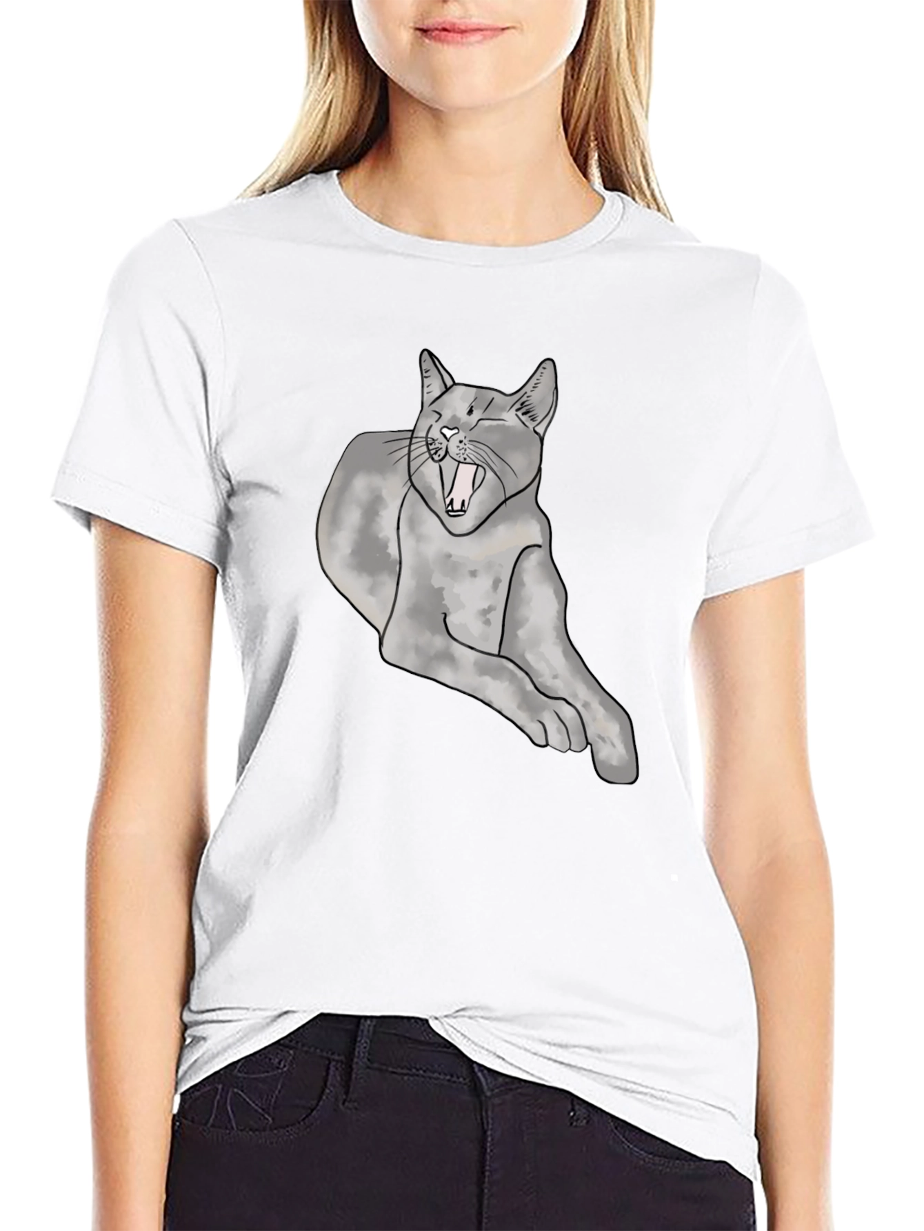 Yawning Cat Graphic Tee - Unisex Black T-Shirt