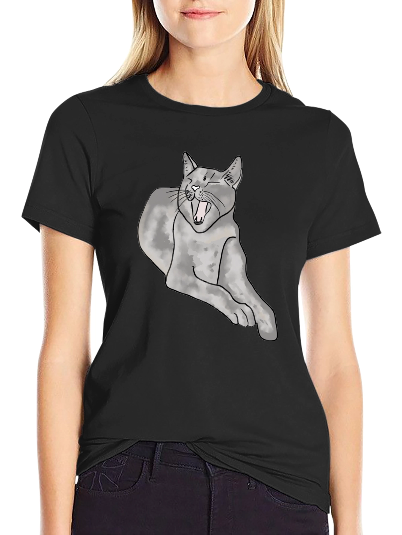 Yawning Cat Graphic Tee - Unisex Black T-Shirt