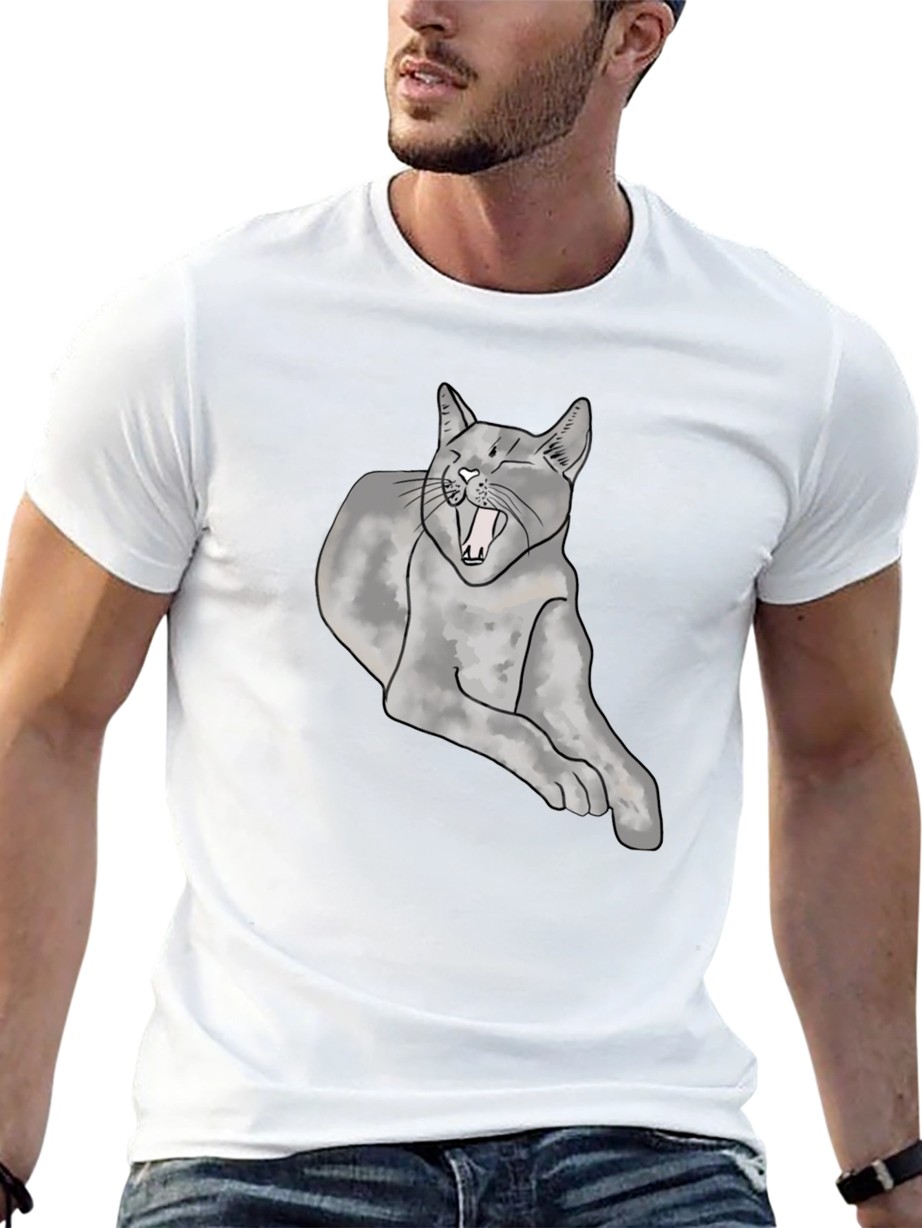 Yawning Cat Graphic Tee - Unisex Black T-Shirt