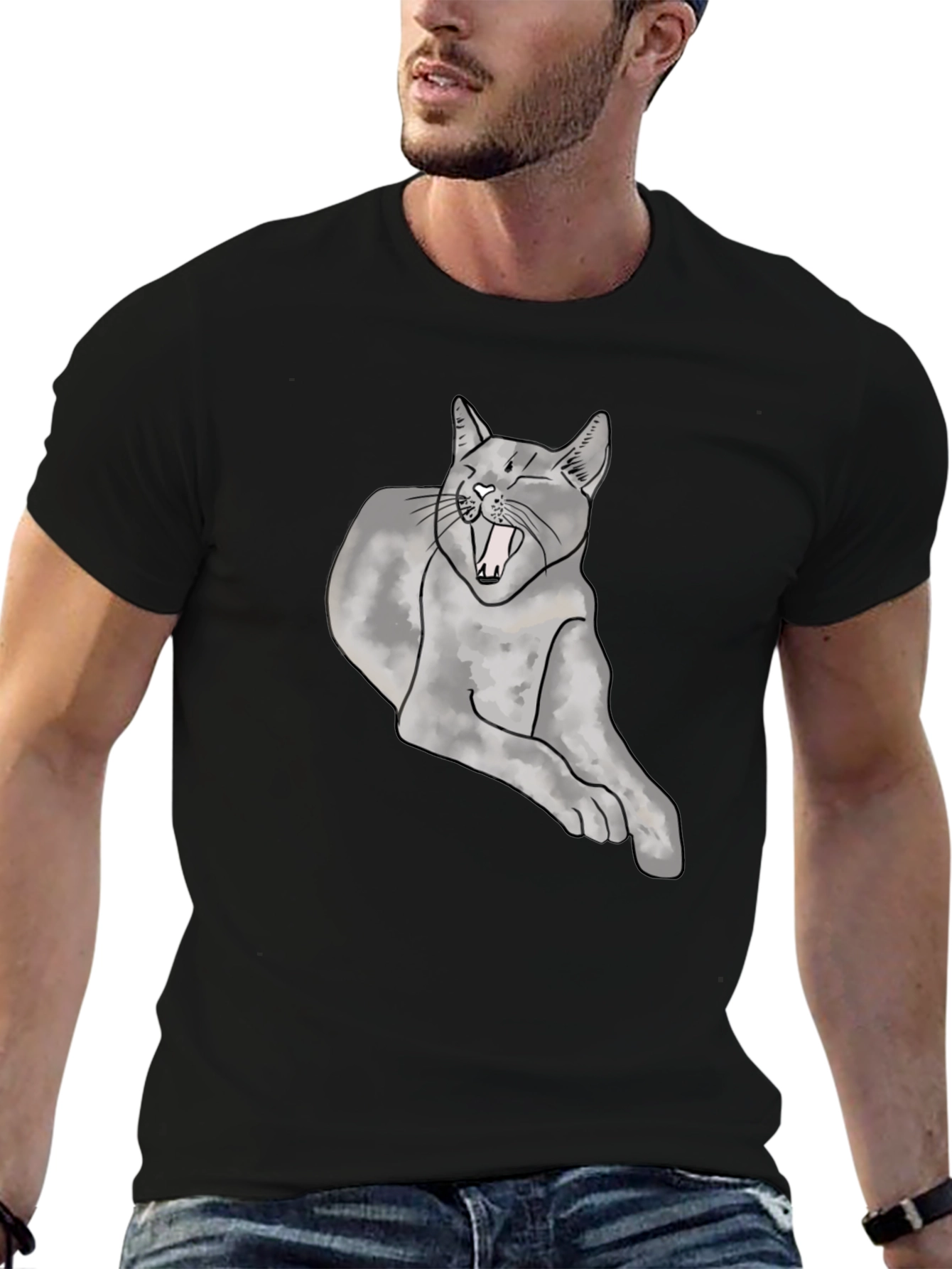 Yawning Cat Graphic Tee - Unisex Black T-Shirt