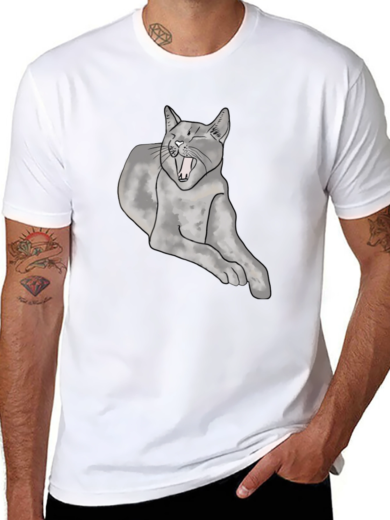 Yawning Cat Graphic Tee - Unisex Black T-Shirt