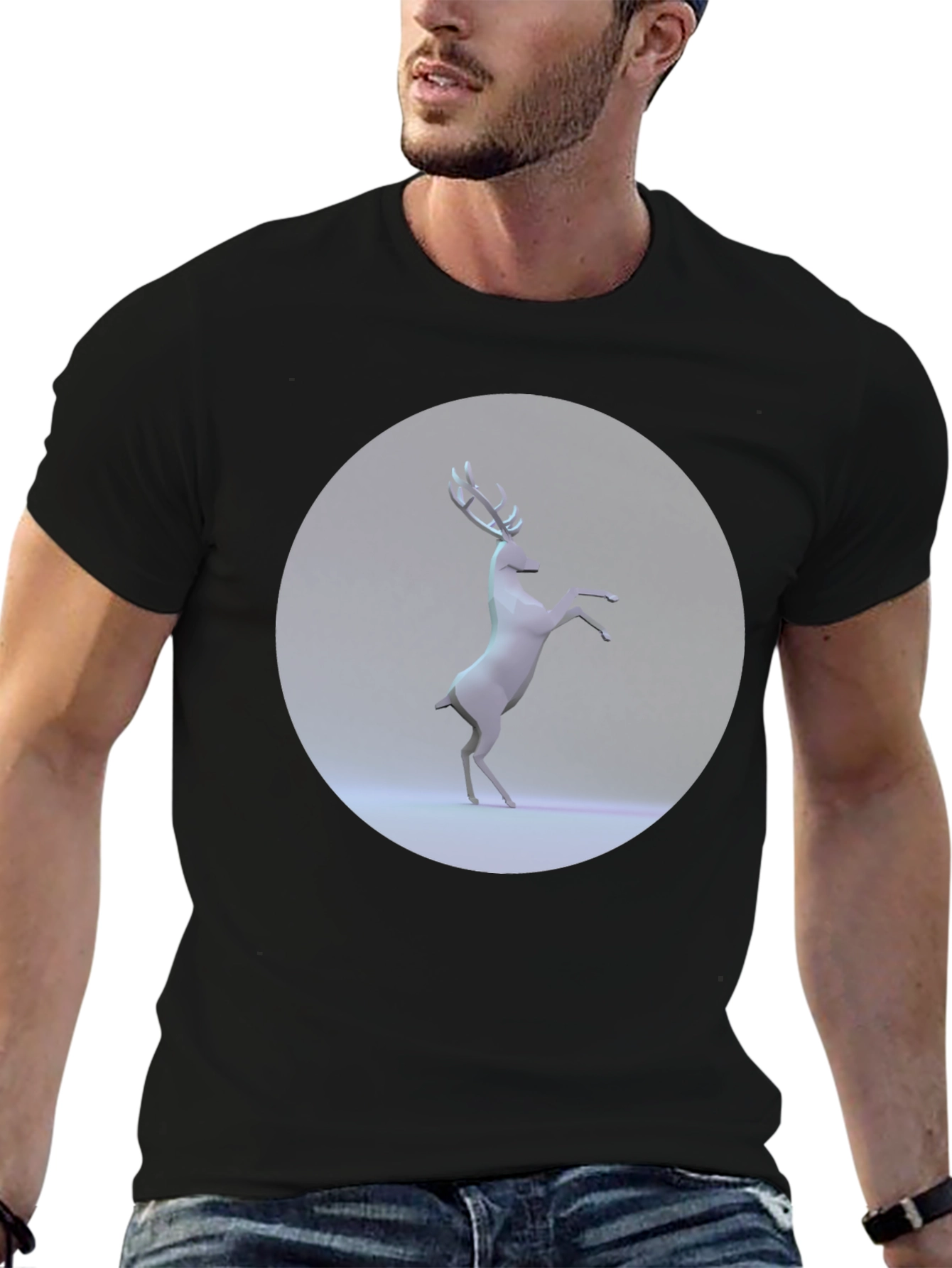 Geometric Deer Graphic Tee - Modern Black T-Shirt