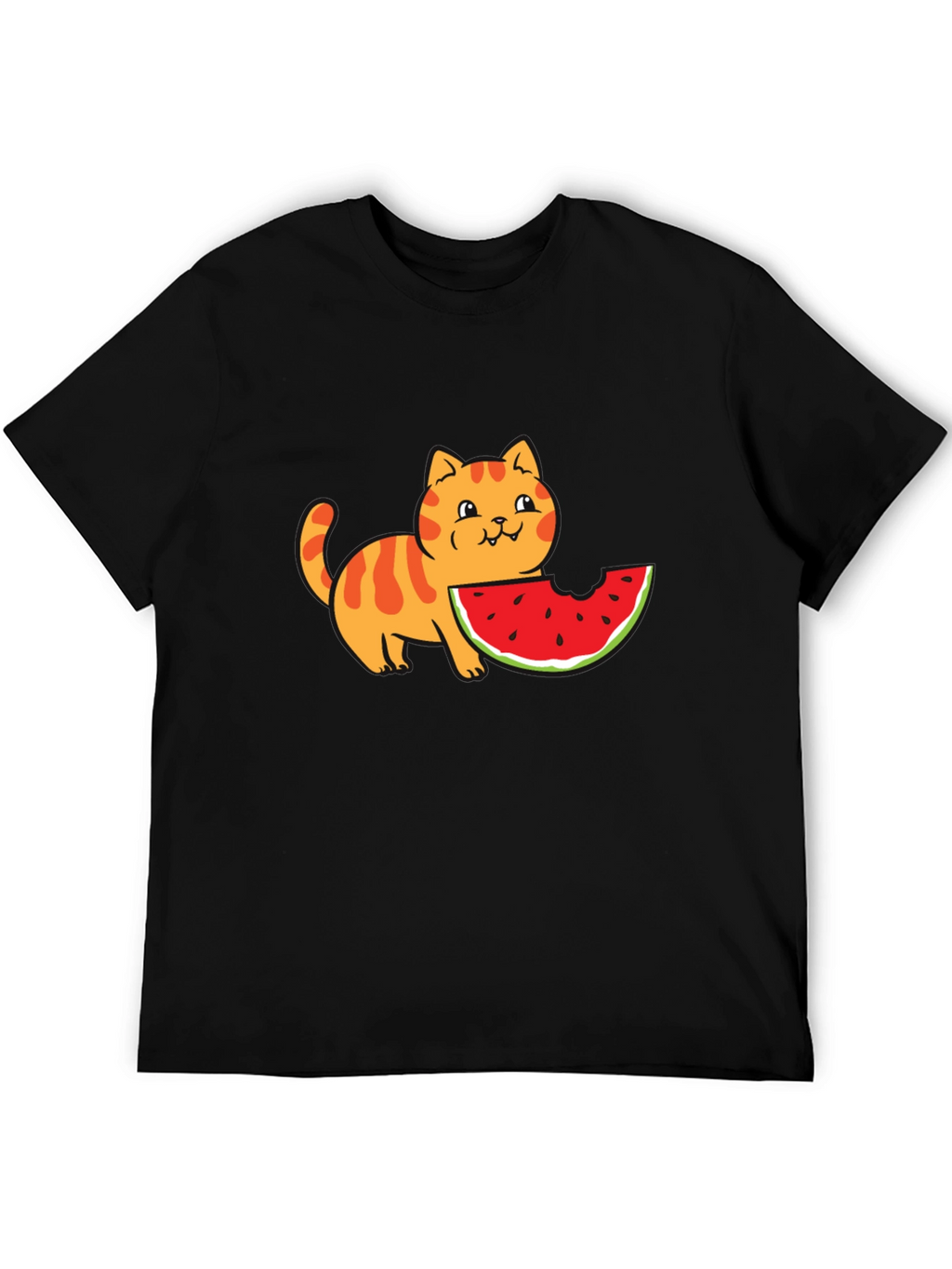 Cartoon Cat Watermelon Black T-Shirt