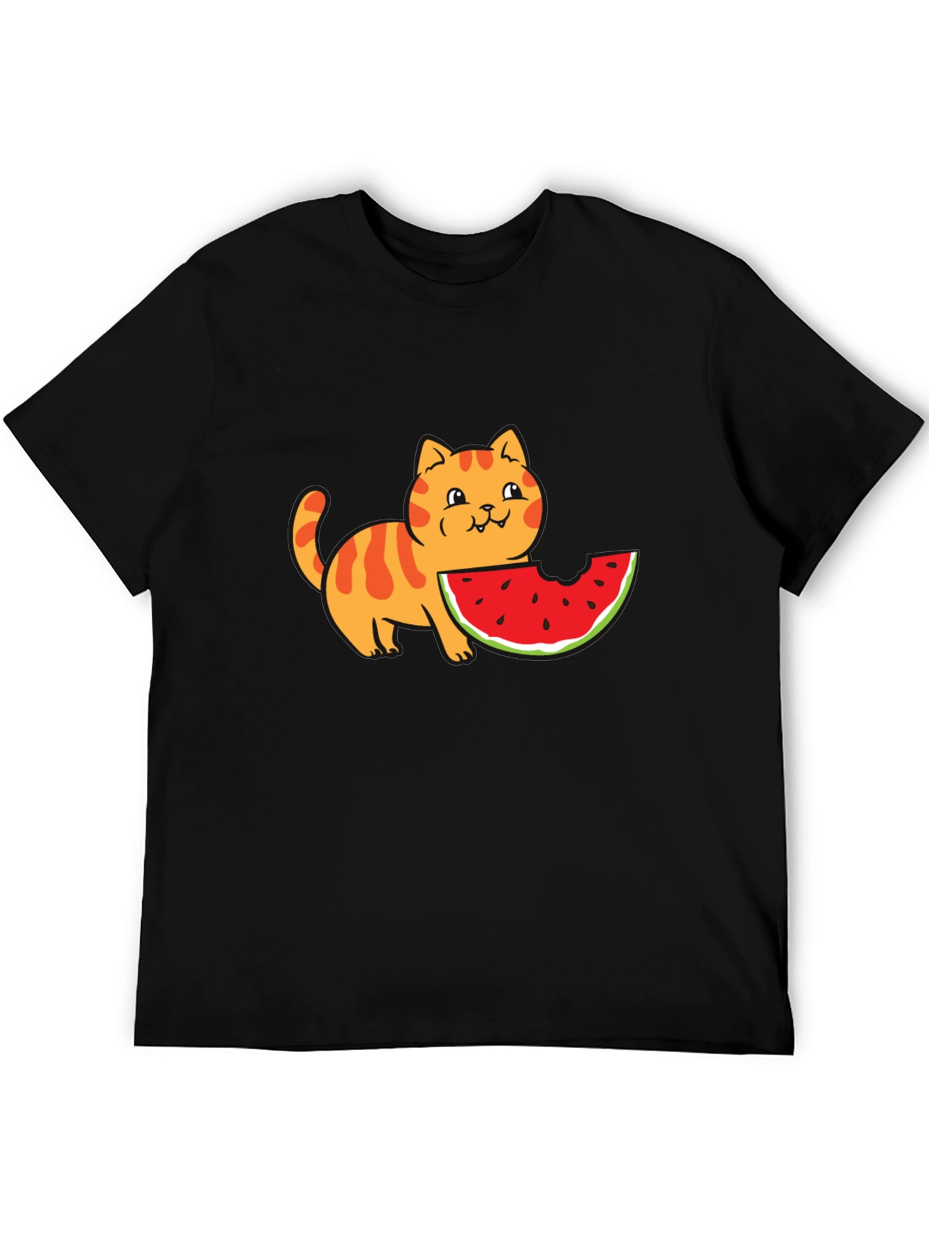 Cartoon Cat Watermelon Black T-Shirt