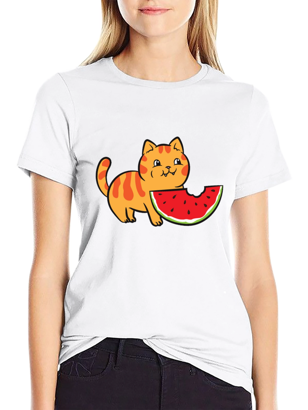 Cartoon Cat Watermelon Black T-Shirt