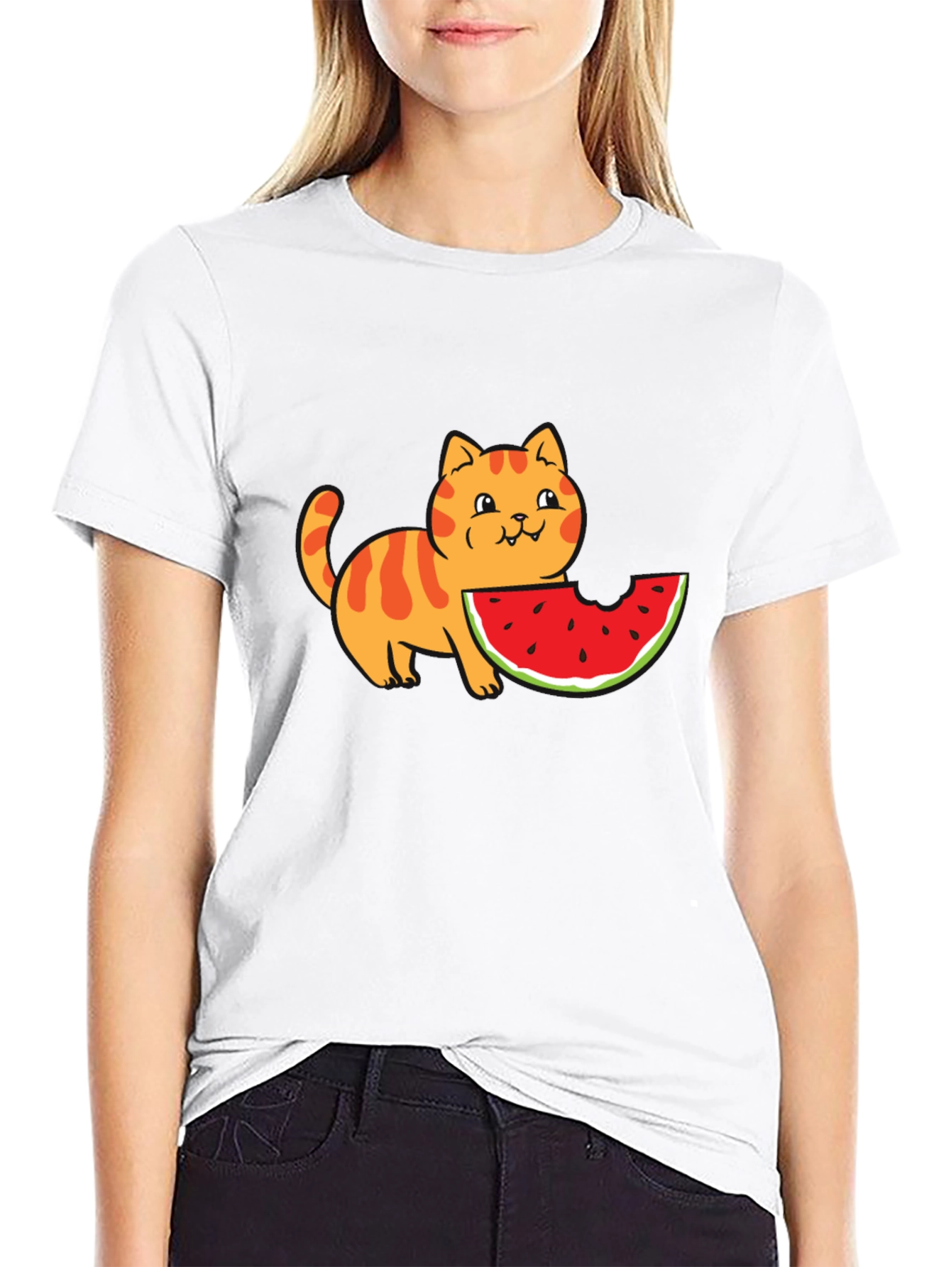 Cartoon Cat Watermelon Black T-Shirt