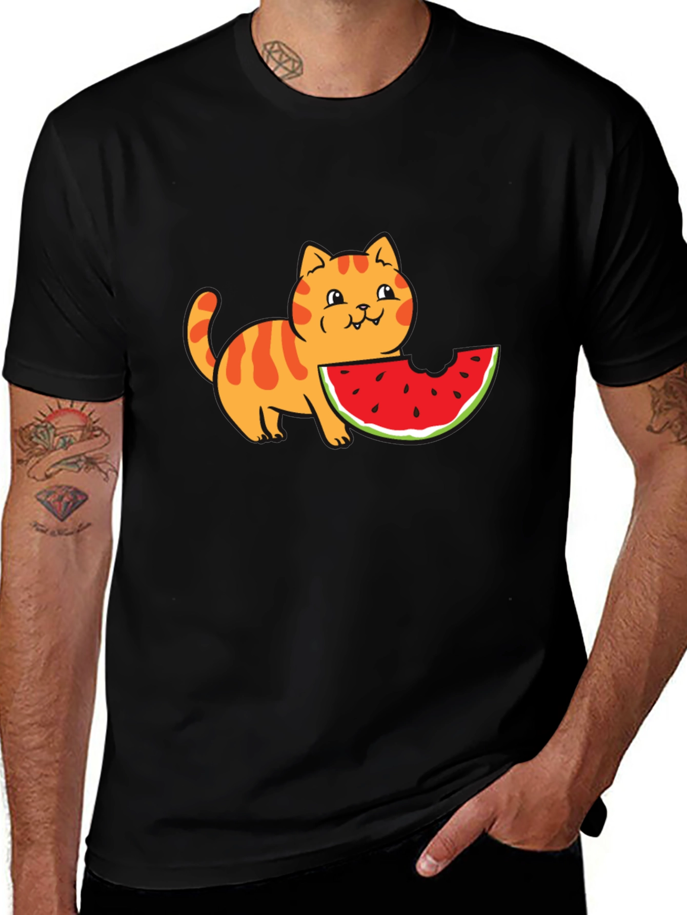 Cartoon Cat Watermelon Black T-Shirt