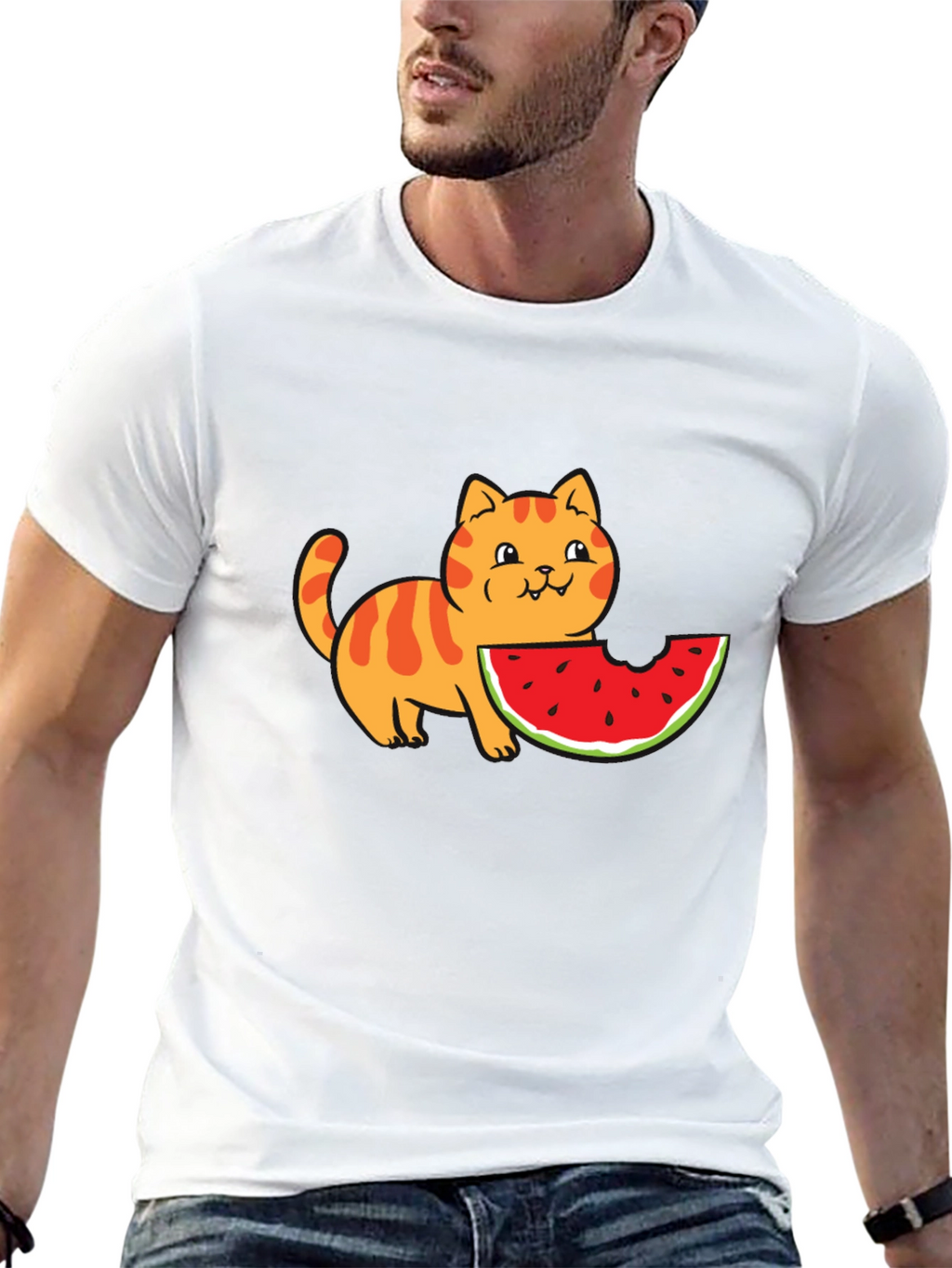 Cartoon Cat Watermelon Black T-Shirt