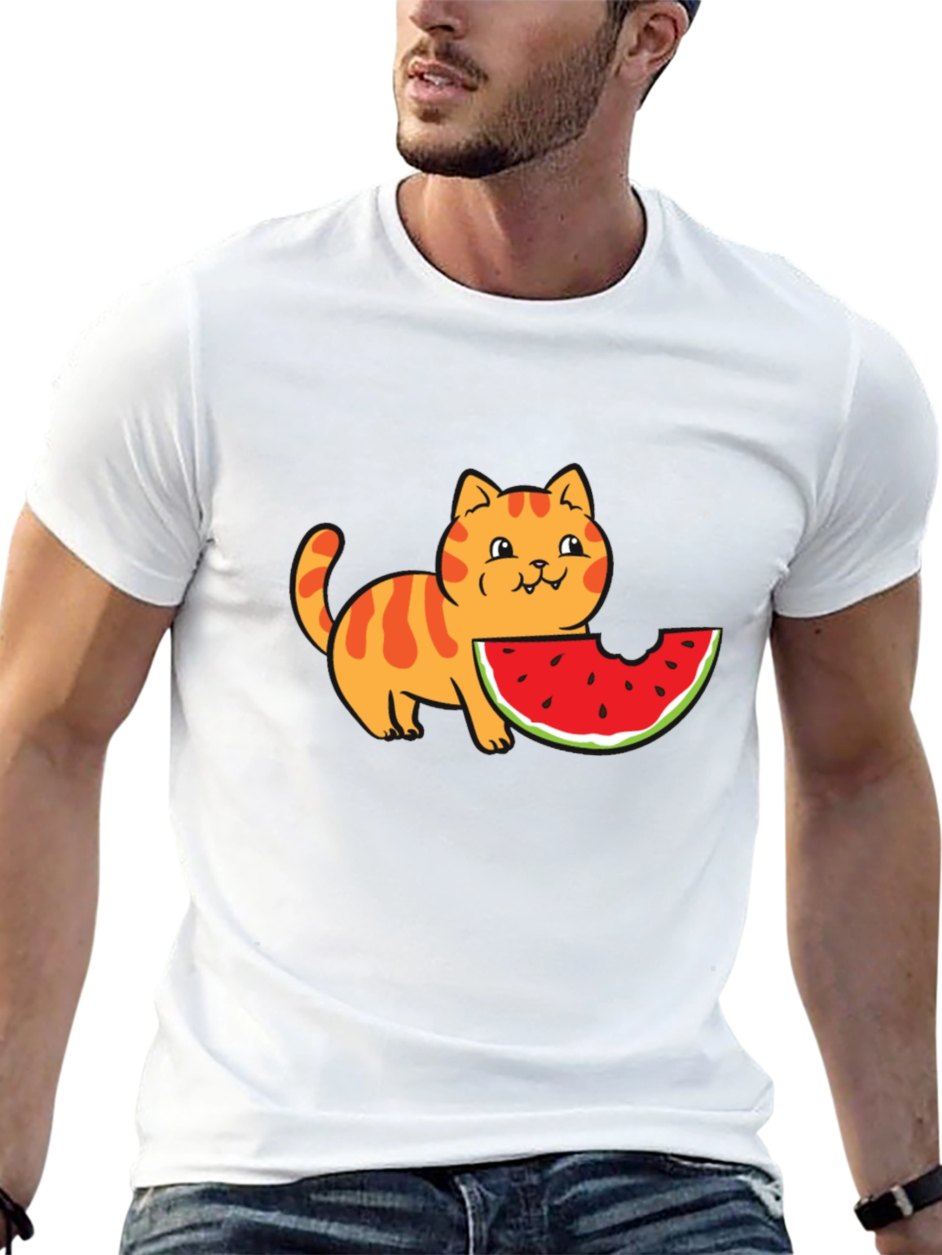 Cartoon Cat Watermelon Black T-Shirt