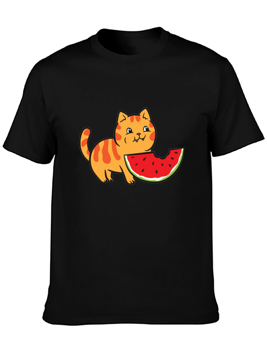 Cartoon Cat Watermelon Black T-Shirt