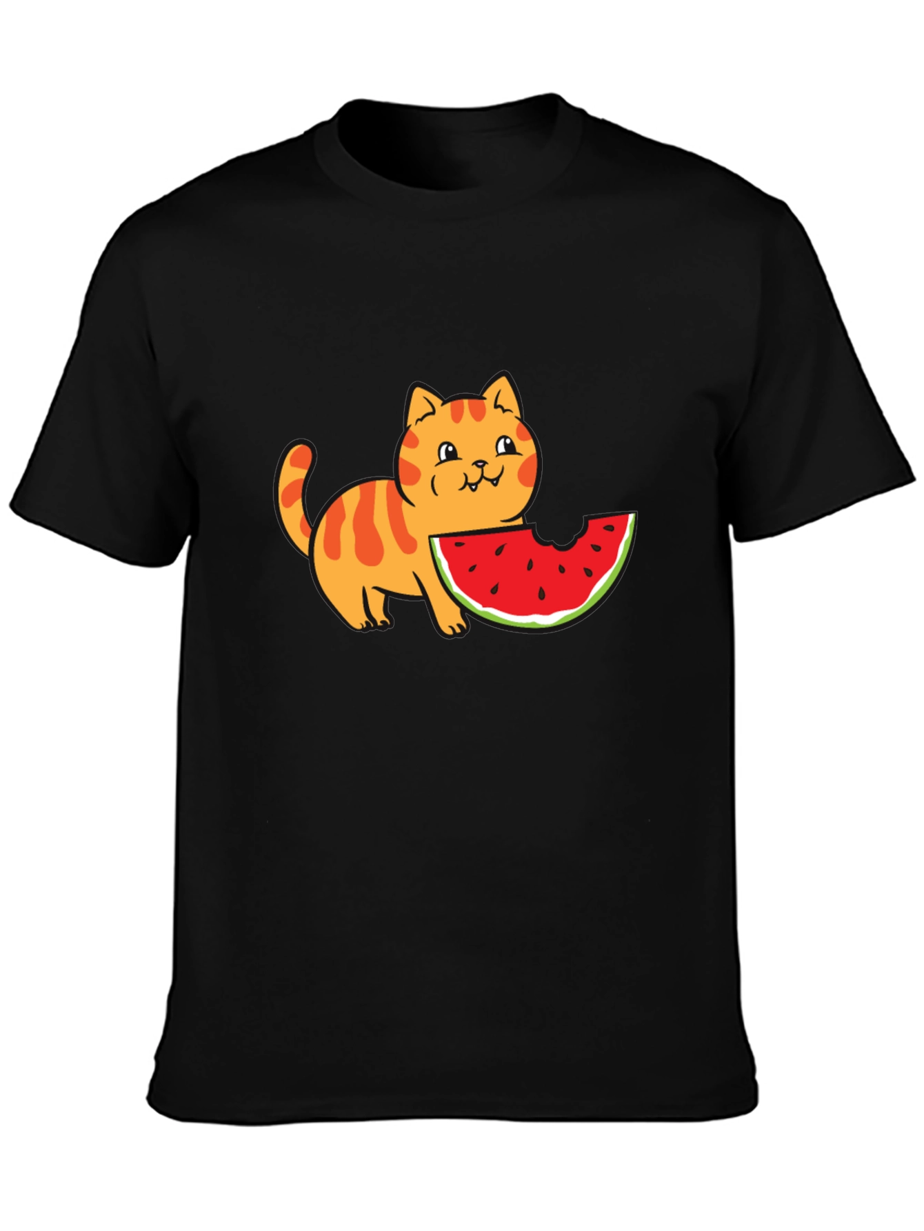 Cartoon Cat Watermelon Black T-Shirt