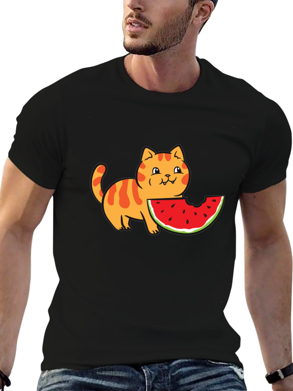 Cartoon Cat Watermelon Black T-Shirt