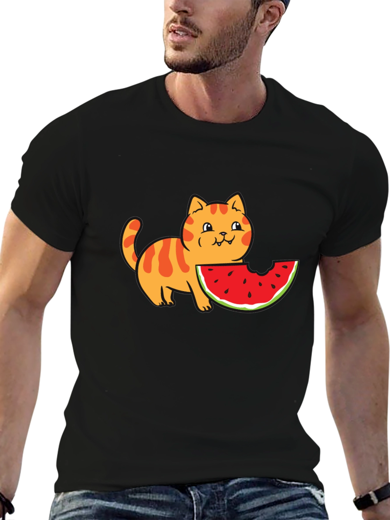 Cartoon Cat Watermelon Black T-Shirt
