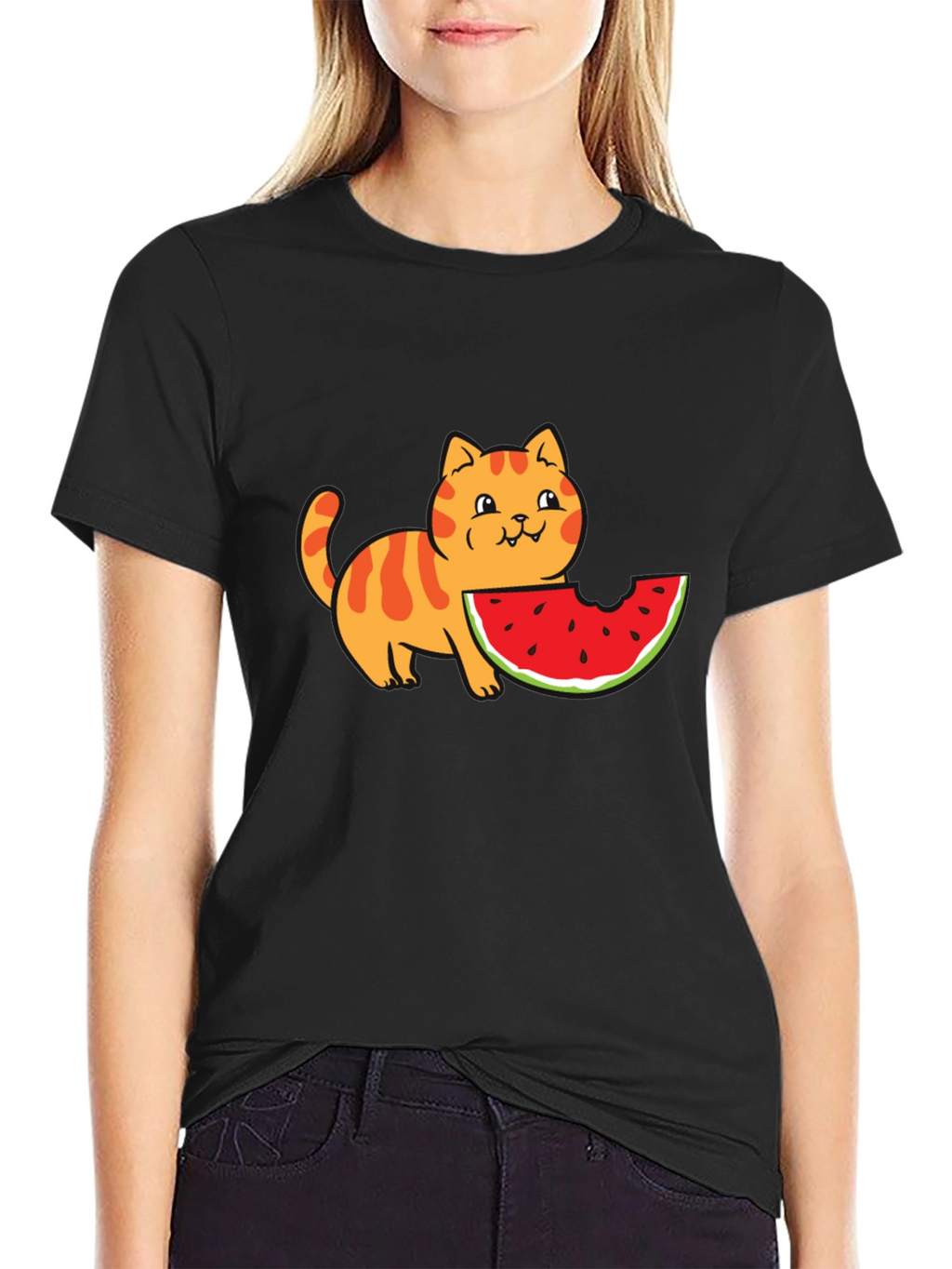 Cartoon Cat Watermelon Black T-Shirt