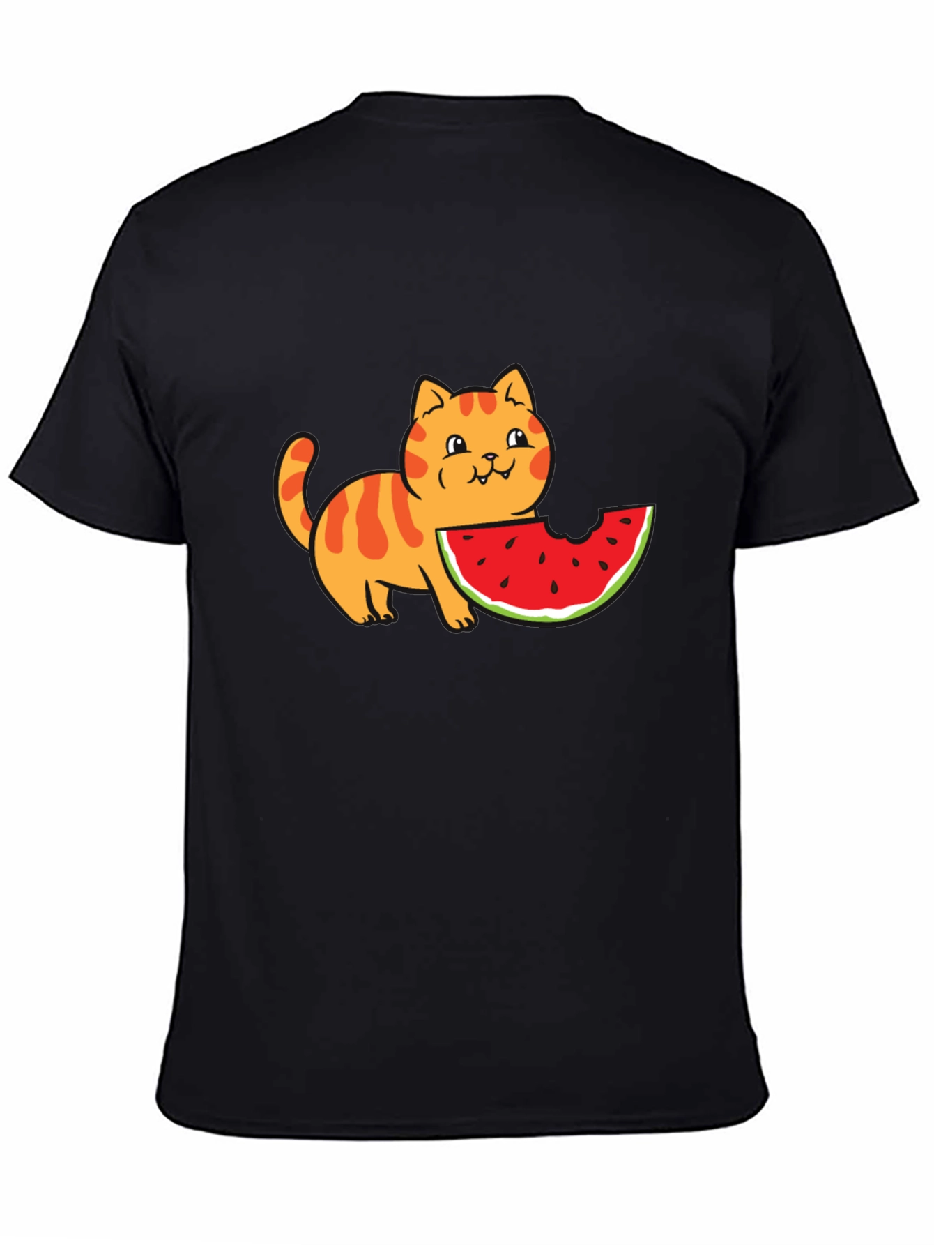 Cartoon Cat Watermelon Black T-Shirt