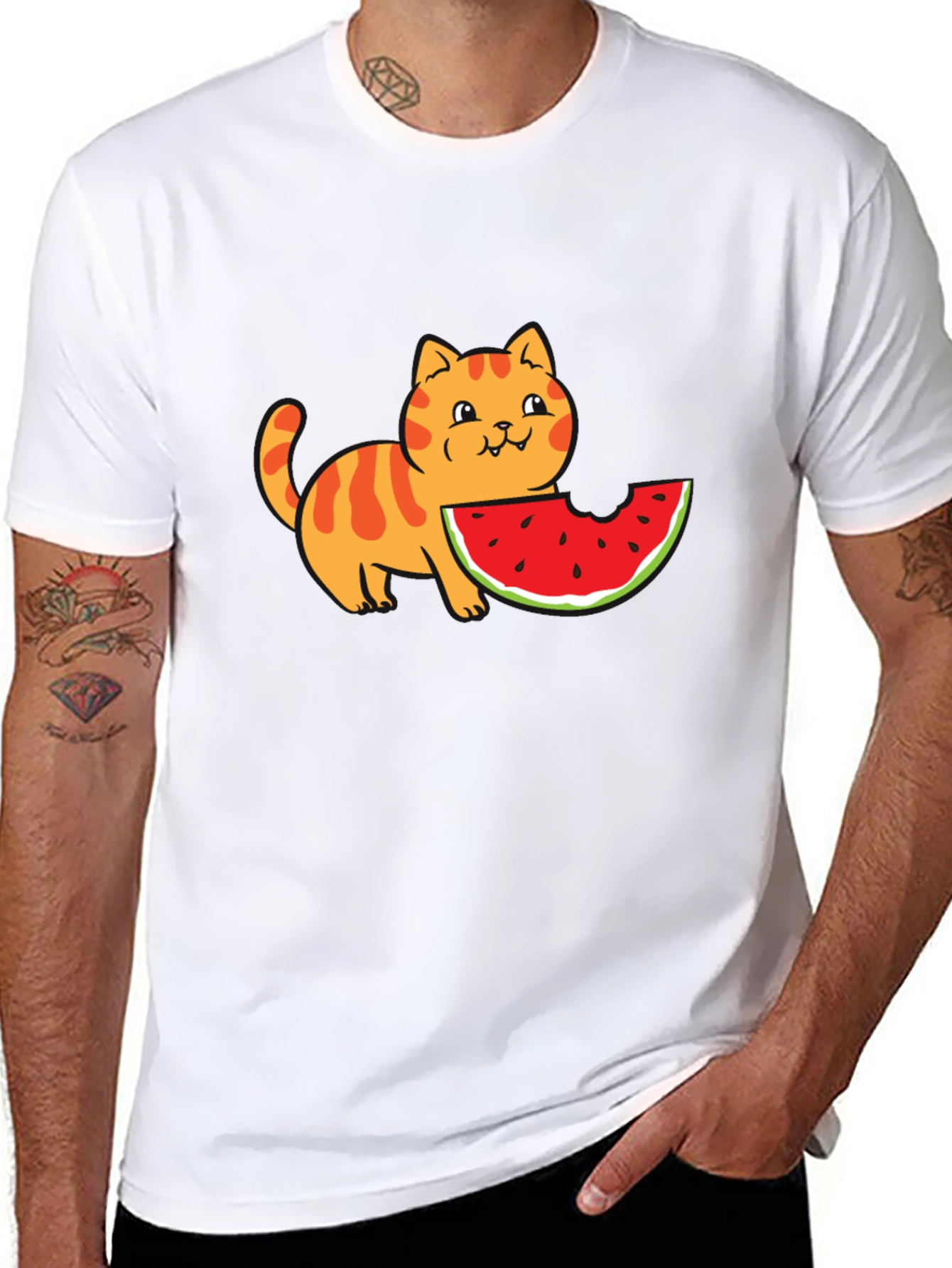 Cartoon Cat Watermelon Black T-Shirt