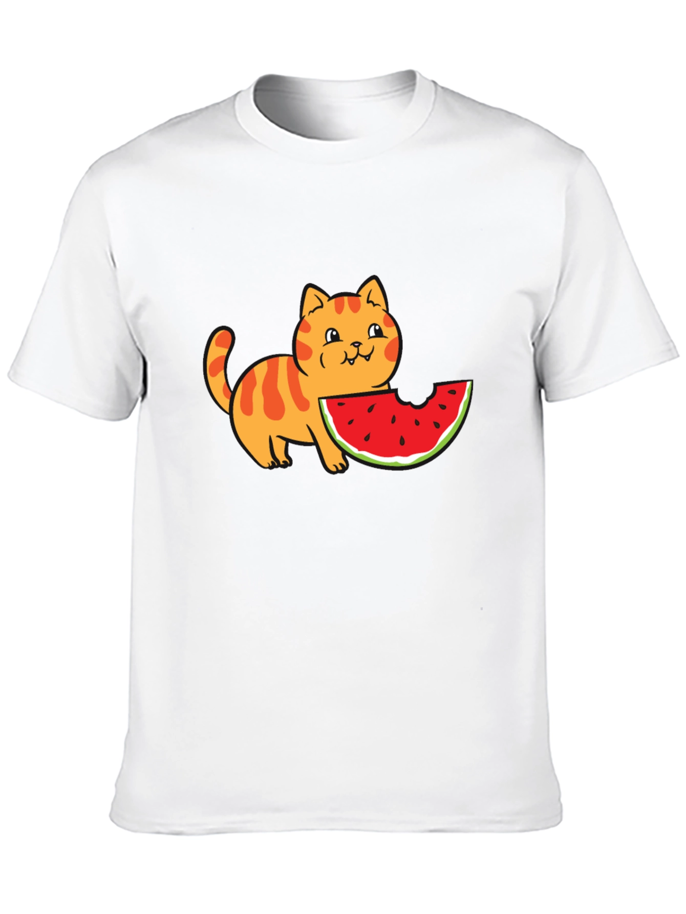 Cartoon Cat Watermelon Black T-Shirt